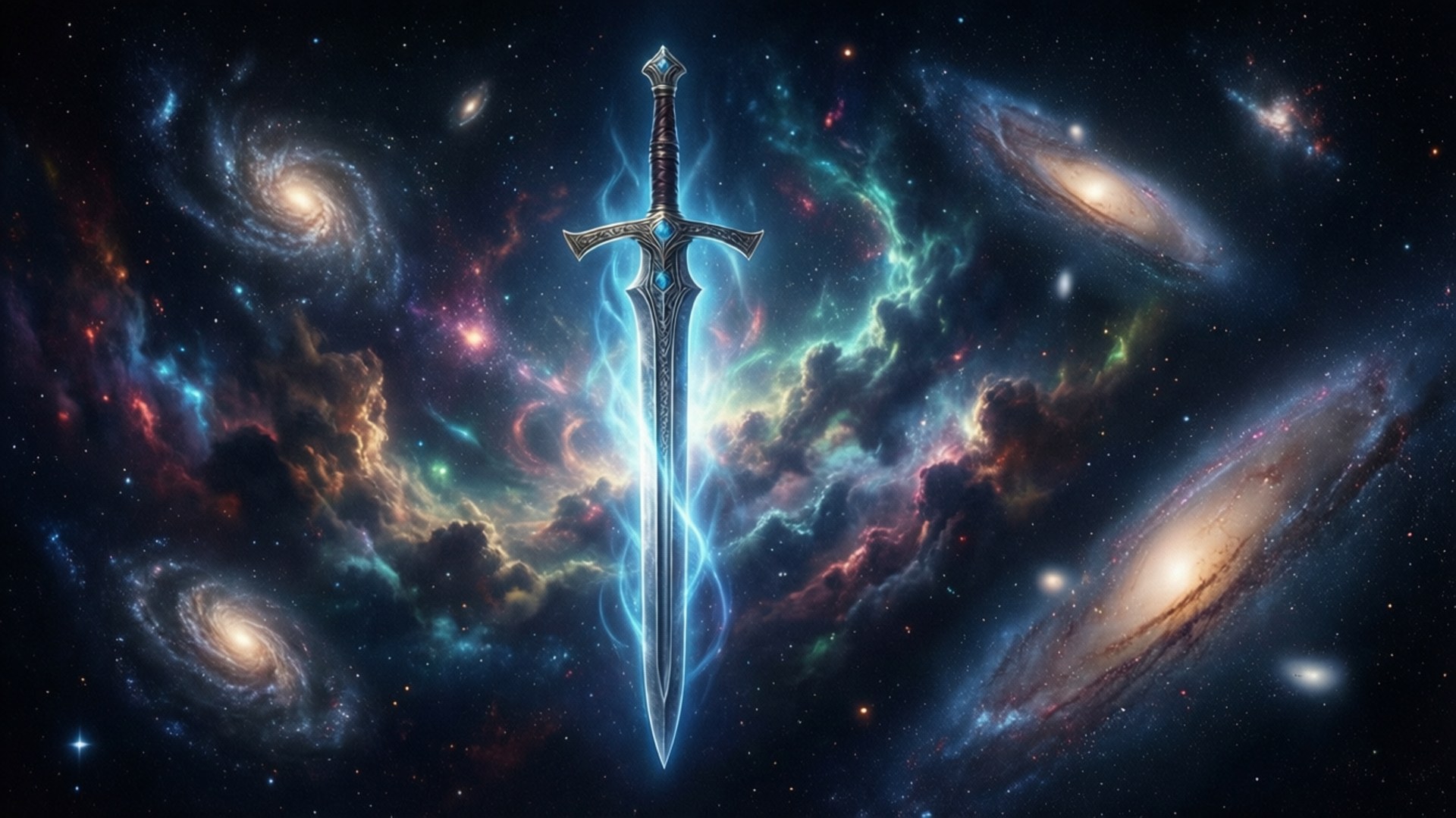 宇宙劍鋒星雲 壁紙 — 一把發光的劍在旋轉星系和彩色星雲的宇宙背景下散發出藍色能量。