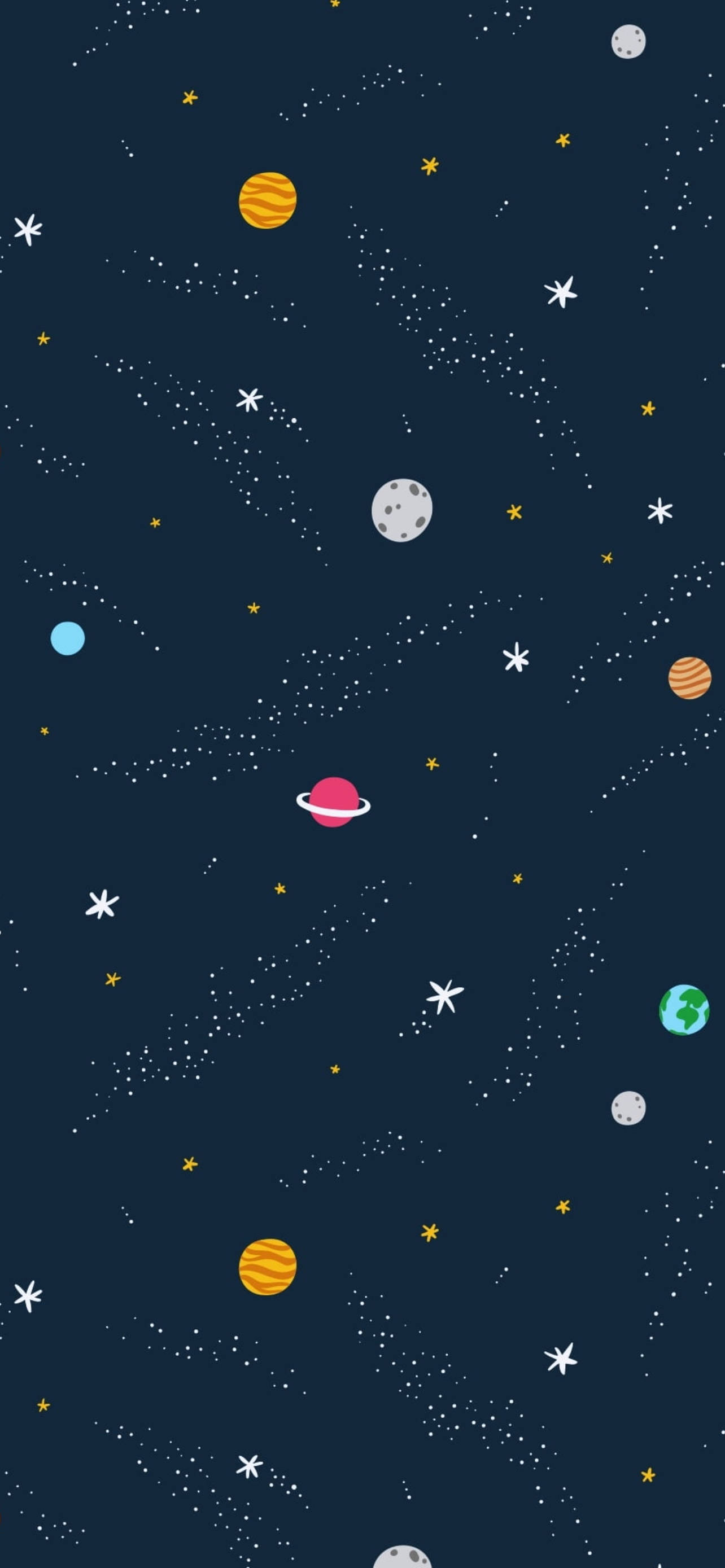 宇宙向量藝術 壁紙 — 一張風格化的宇宙壁紙，以深海軍藍背景襯托色彩繽紛的行星、星星和星雲。