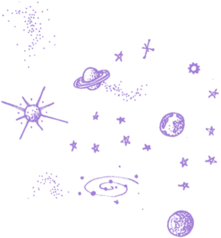 宇宙塗鴉星雲背景 壁紙 — 紫色宇宙塗鴉在黑色背景上漂浮，帶有星星、行星和漩渦，呈現異想天開的抽象風格。