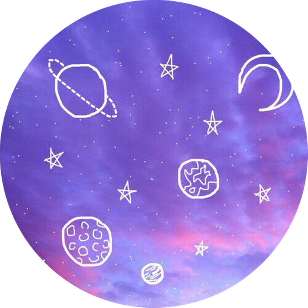 宇宙塗鴉藝術紫背景 壁紙 — 一個圓形宇宙場景，有白色輪廓的行星、星星和彎月，背景是紫粉色的星雲。