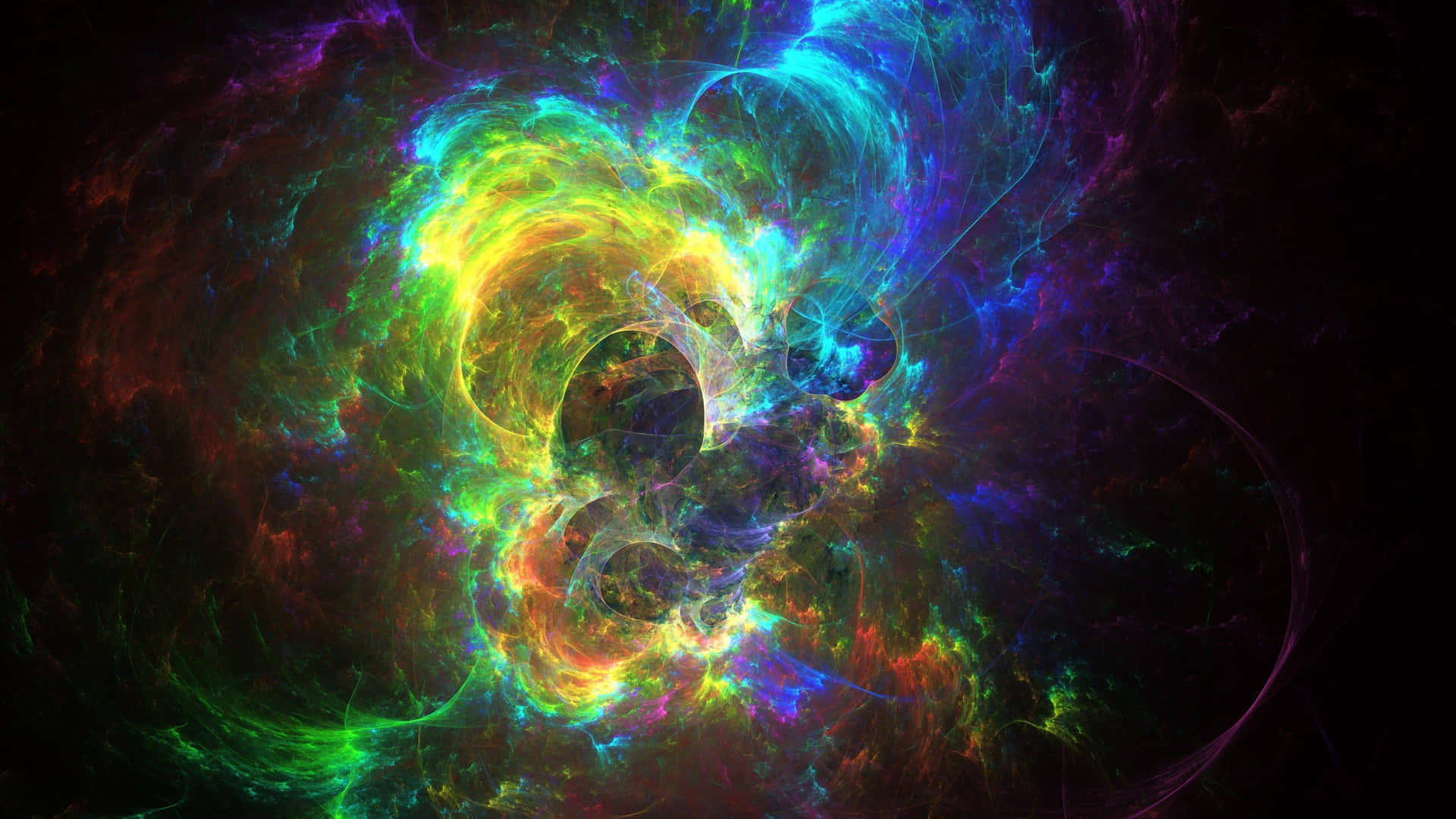 色彩繽紛的宇宙星雲，在深空中帶有旋轉氣體和發光絲狀物。