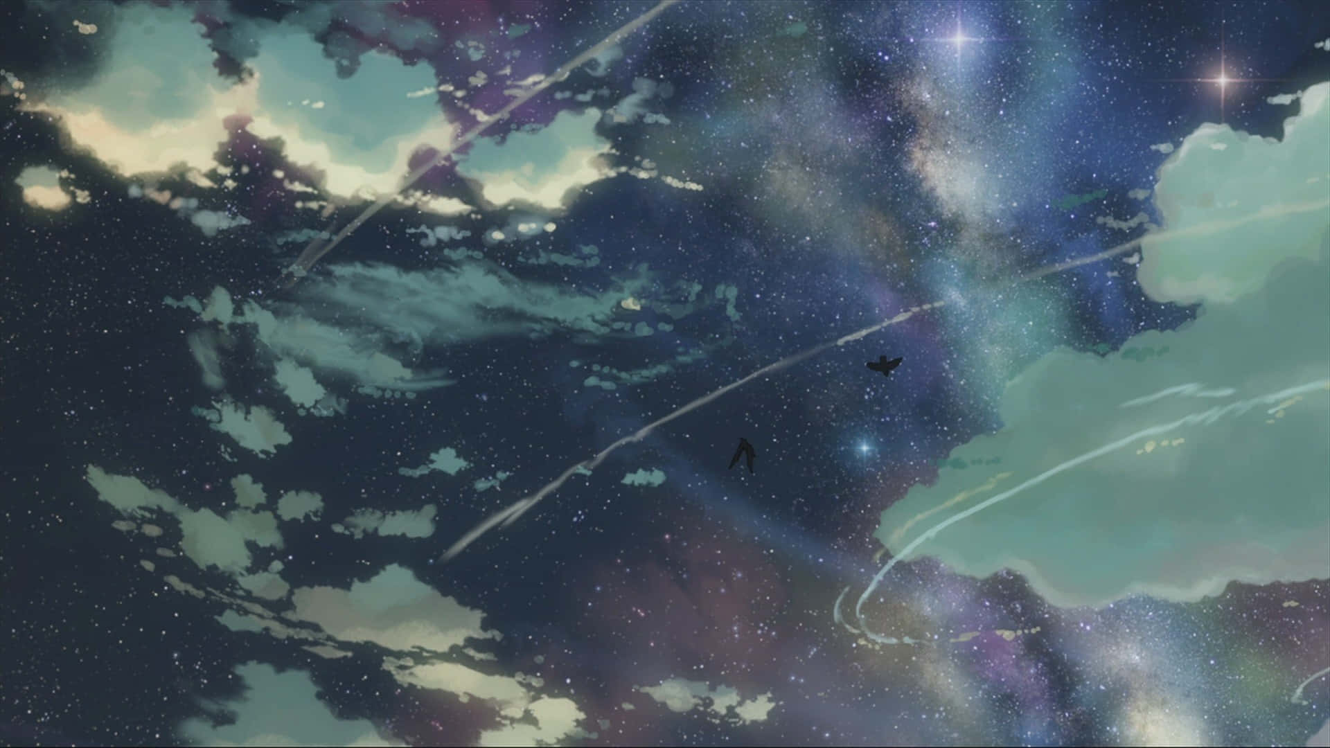 Makoto Shinkai 桌布 壁紙 — 宇宙夜空，有旋轉的雲層和流星劃過星場，上方是一顆遙遠的行星。