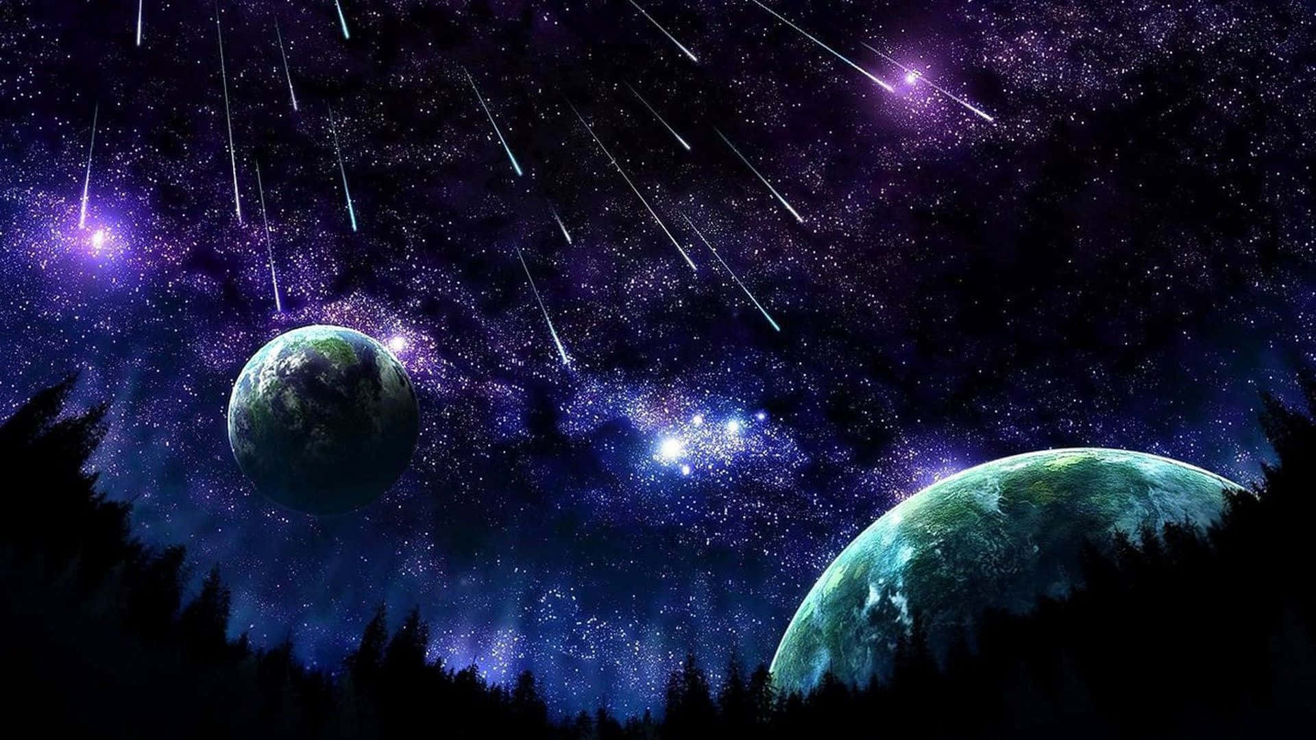 Beautiful Star 桌布 壁紙 — 宇宙夜空，黑暗森林剪影上方有兩顆發光的行星和劃過的流星。