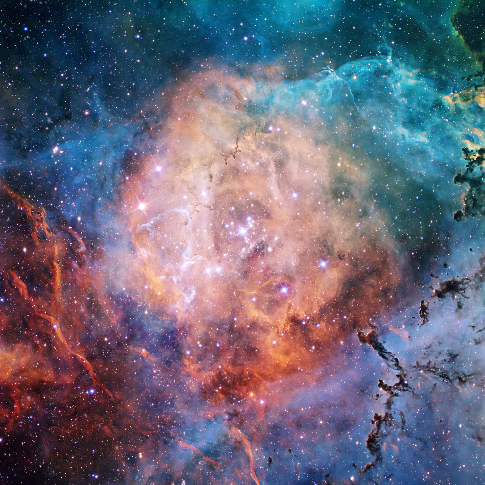 一個色彩繽紛的星雲，在深空中擁有發光的氣體雲和散落的星星。