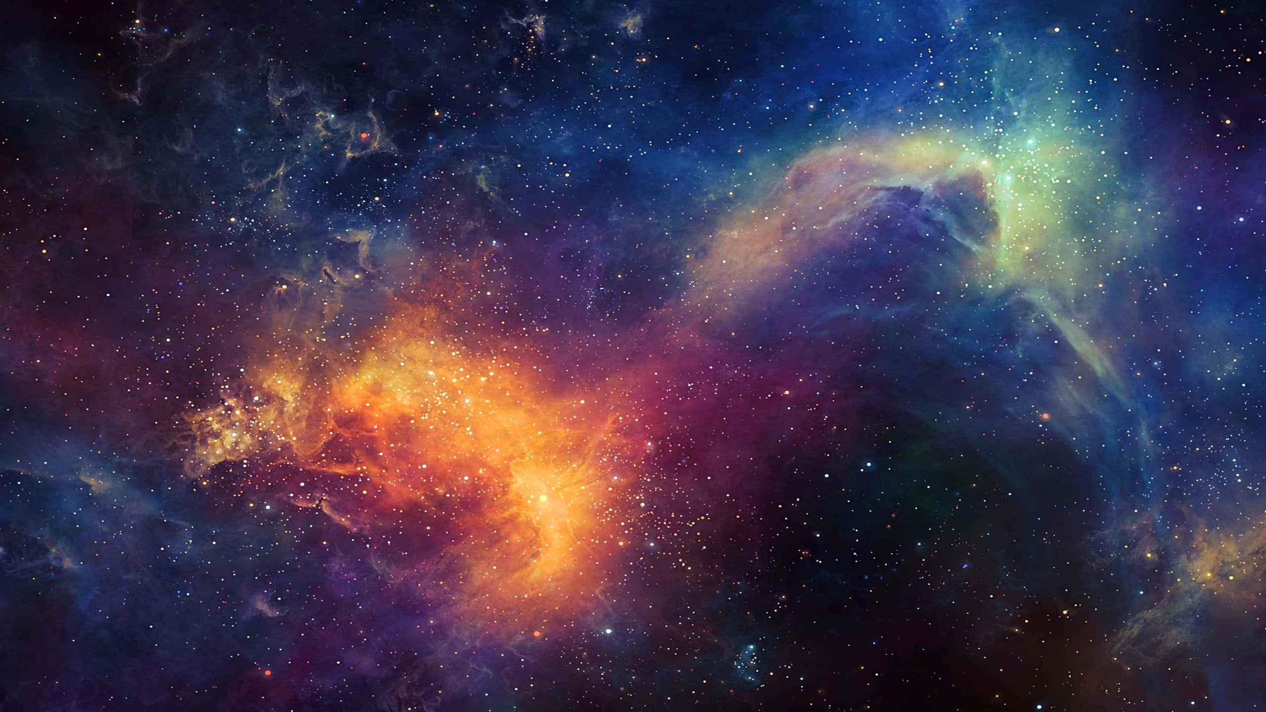 宇宙奇觀：高解析度銀河系中的太空之美 壁紙 — 充滿活力的宇宙星雲在星空背景下以火熱的橙色和電光藍色旋轉。