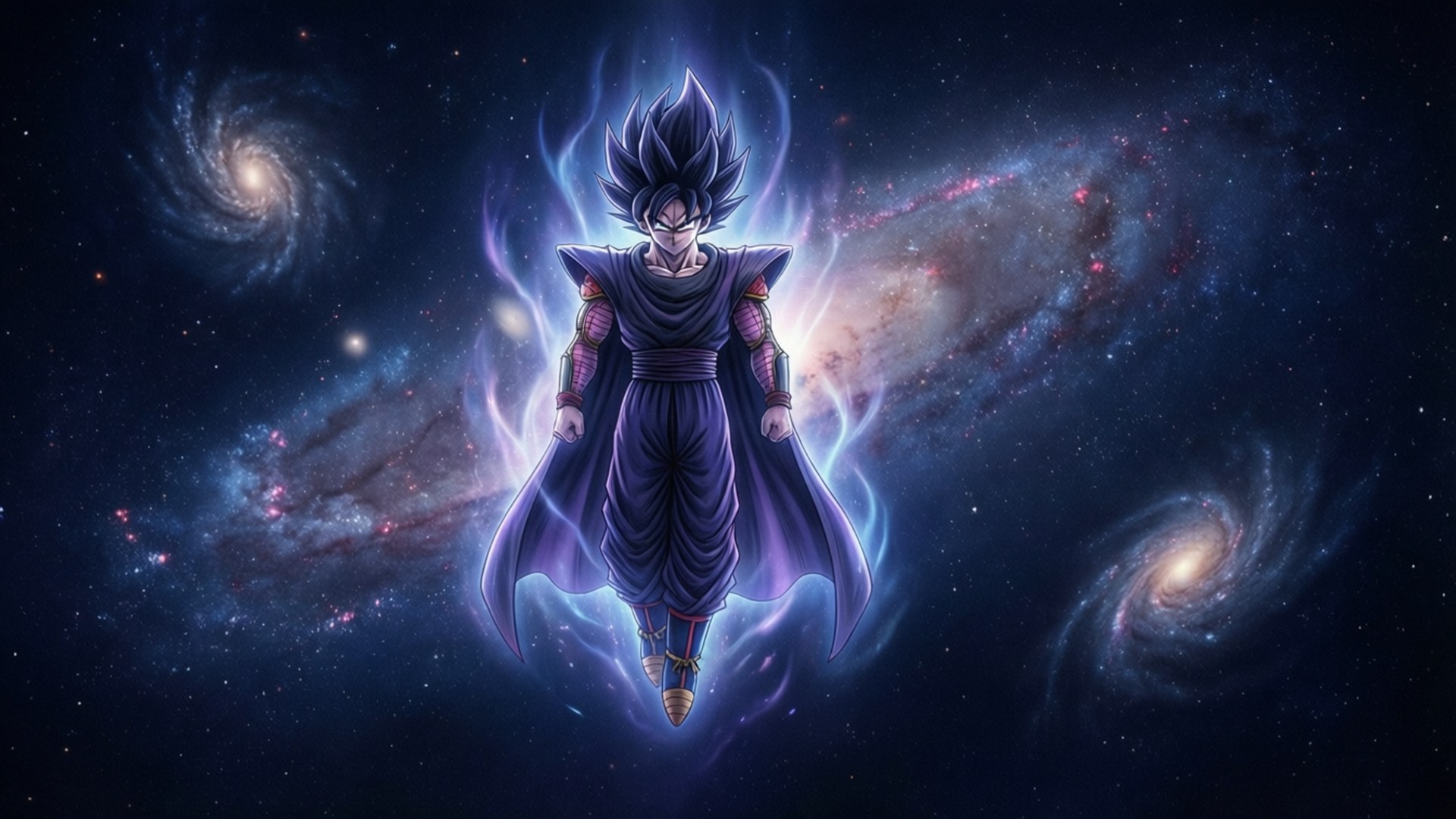 宇宙奧米王 壁紙 — 一個強大的動漫戰士，擁有尖刺的黑髮和紫色光環，漂浮在旋轉的星系和宇宙塵埃之間。
