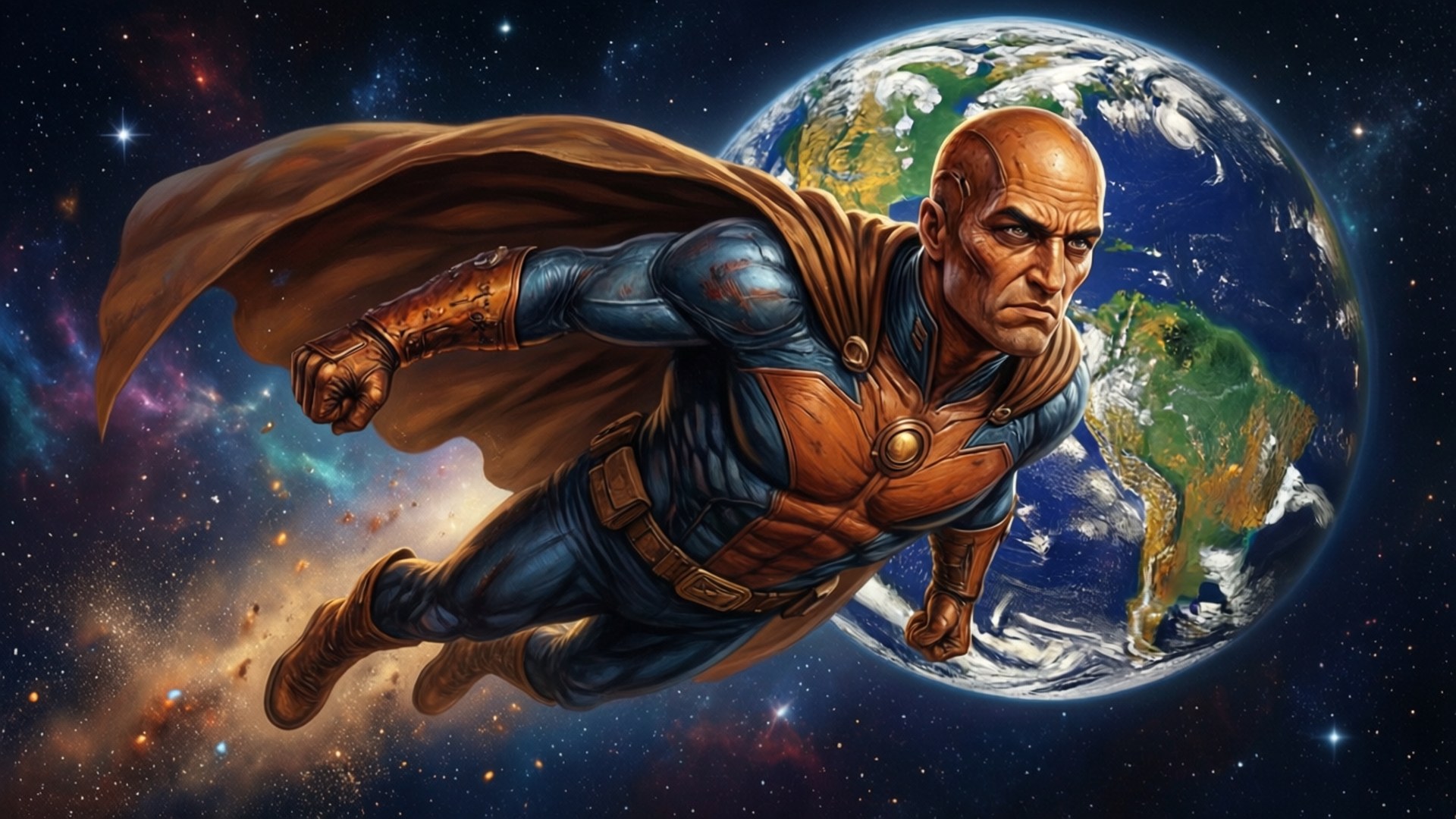宇宙守護者 壁紙 — 一個光頭超級英雄穿著藍色和橙色套裝，披風飄揚，在星空宇宙中飛過地球可見的大陸。