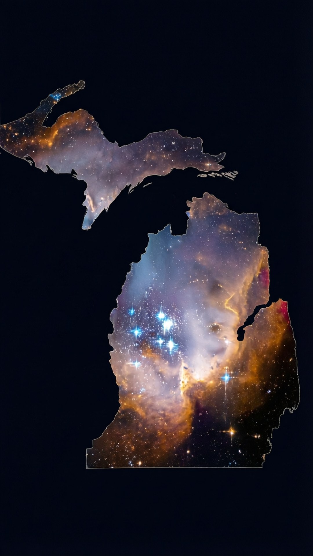 密歇根州地圖充滿彩色星星和星雲，背景為黑色太空。