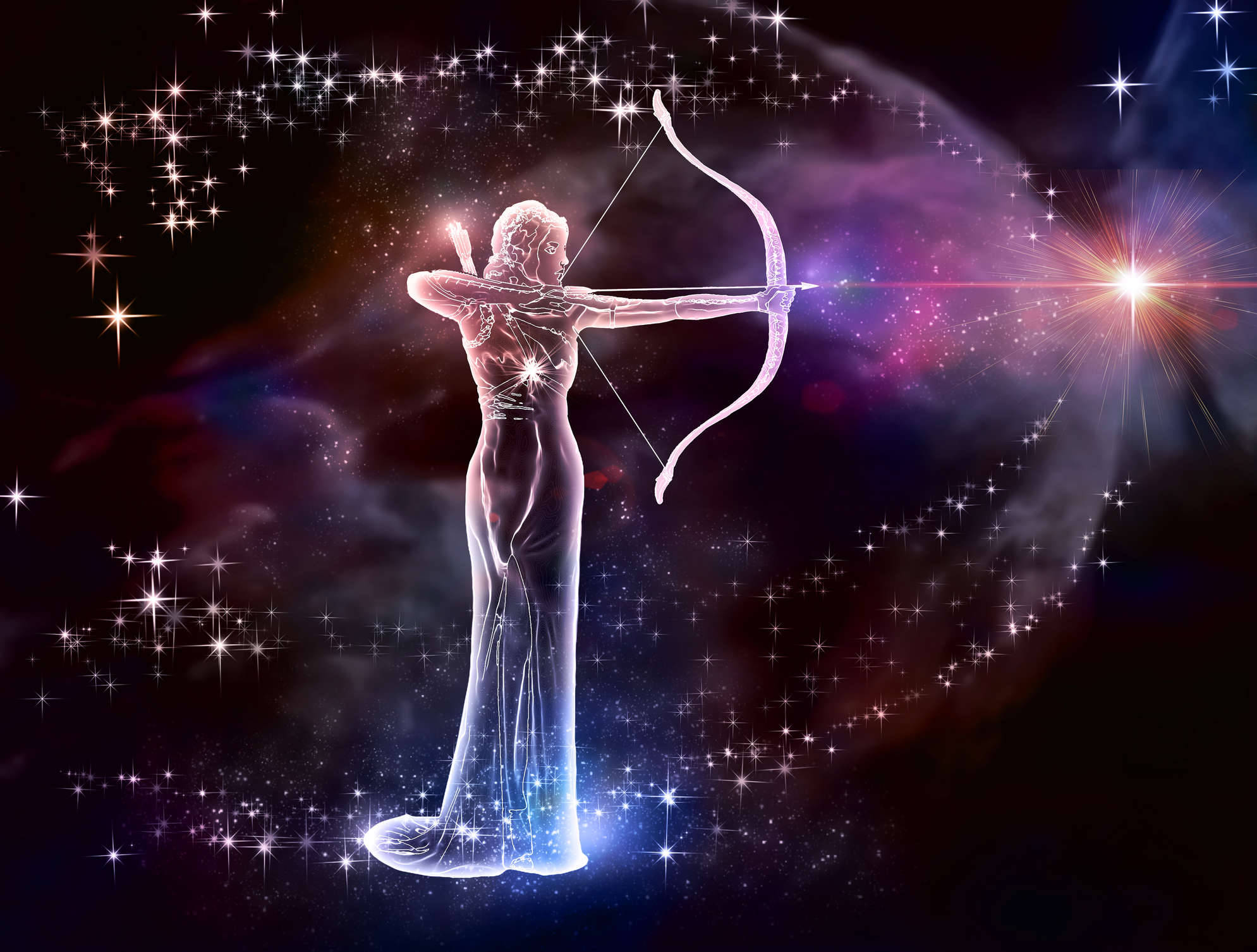宇宙射手座星座弓箭手藝術 壁紙 — 一位發光的弓箭女神，手持閃耀的弓，站在充滿星星和星雲的鮮豔宇宙背景前。
