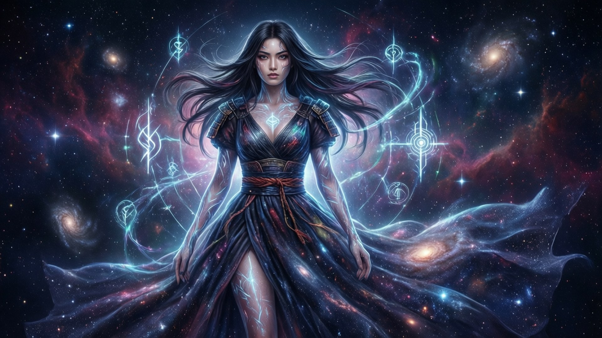 一位神秘女子身穿飄逸長袍，站在充滿活力的宇宙星雲中，周圍環繞著發光的魔法符號。