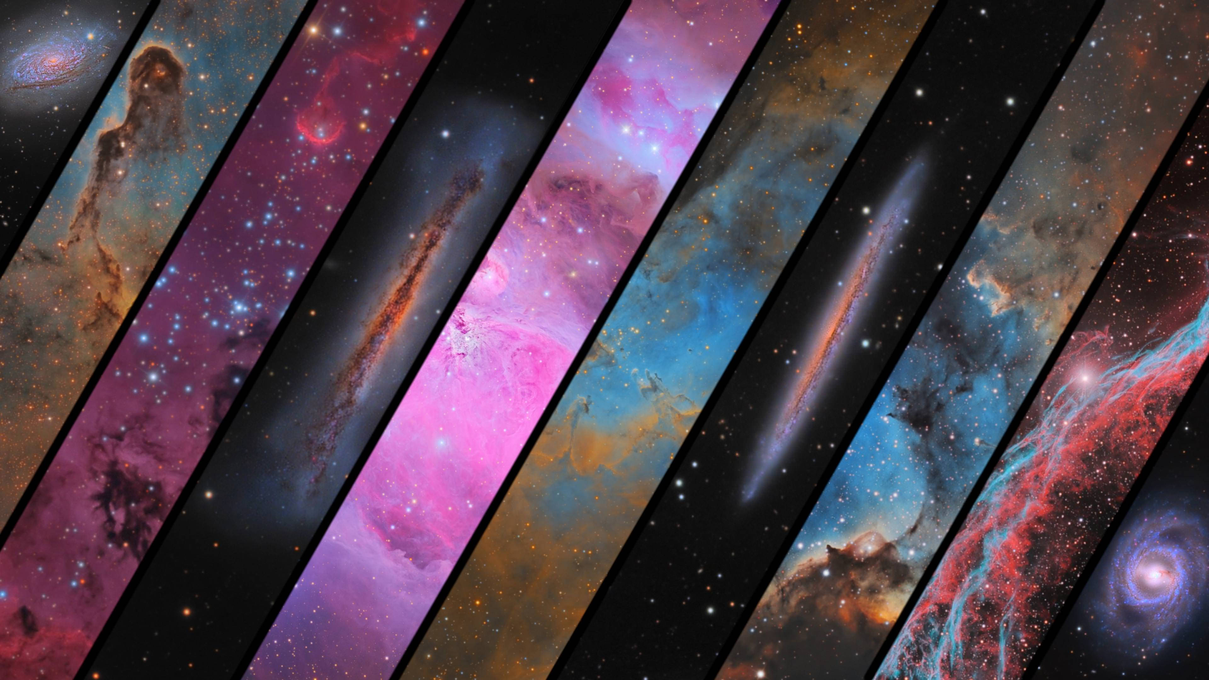 宇宙對角拼貼藝術 壁紙 — 充滿活力的對角線條展示宇宙奇觀，包括星雲、星系和星場，呈現鮮豔的粉紅色、藍色和紫色。
