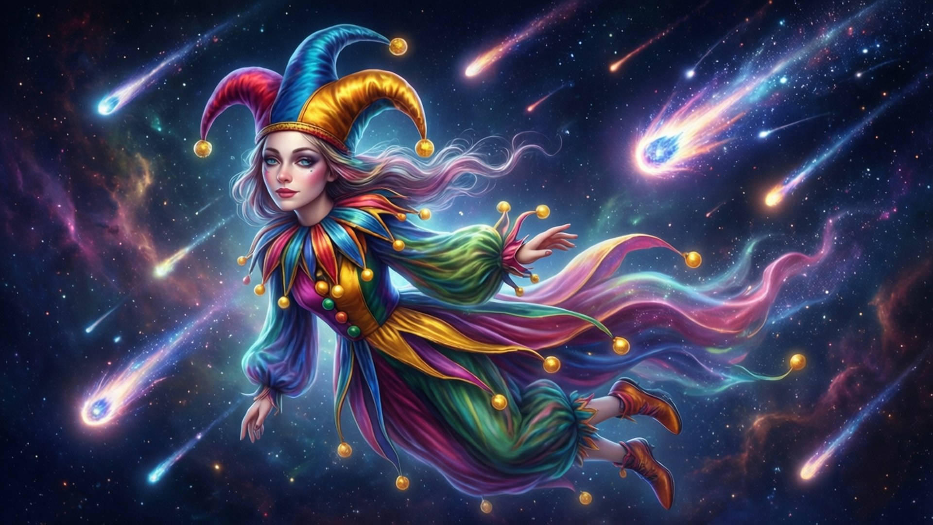 宇宙小丑 壁紙 — 一位充滿活力的丑角女子漂浮在色彩繽紛的流星和星雲的宇宙風暴中。