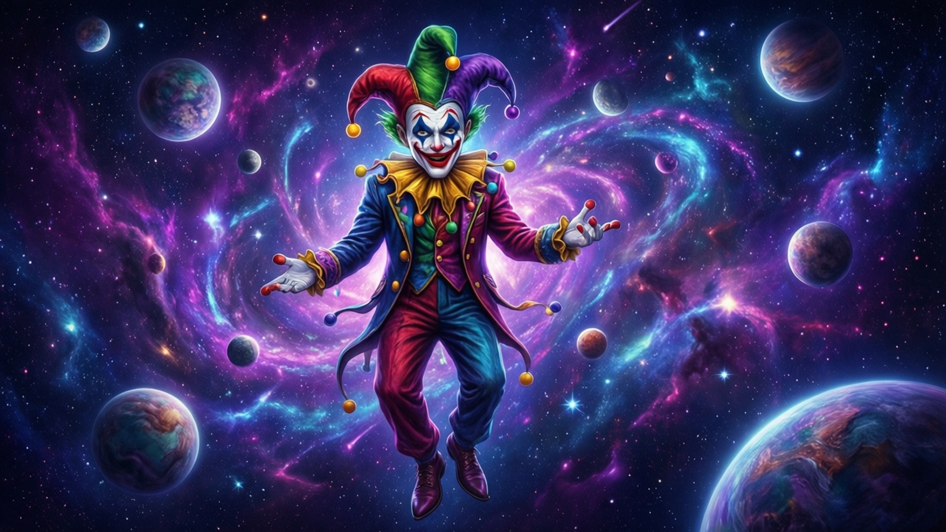 一個穿著彩色服裝的小丑在行星環繞的宇宙星雲中漂浮。