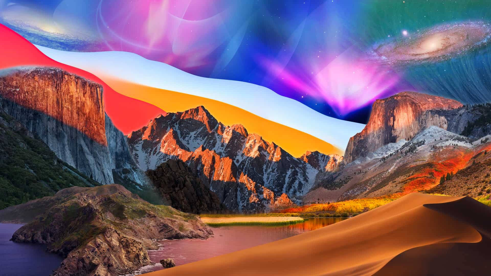 宇宙山脈 壁紙 — 日落時分超現實的山谷，極光和銀河在色彩繽紛的懸崖和寧靜的湖泊上空盤旋。