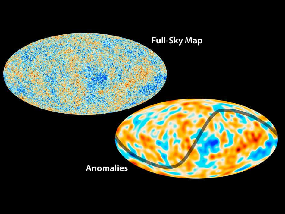 黑色背景上標有「全天」和「異常」的兩個橢圓形宇宙地圖。