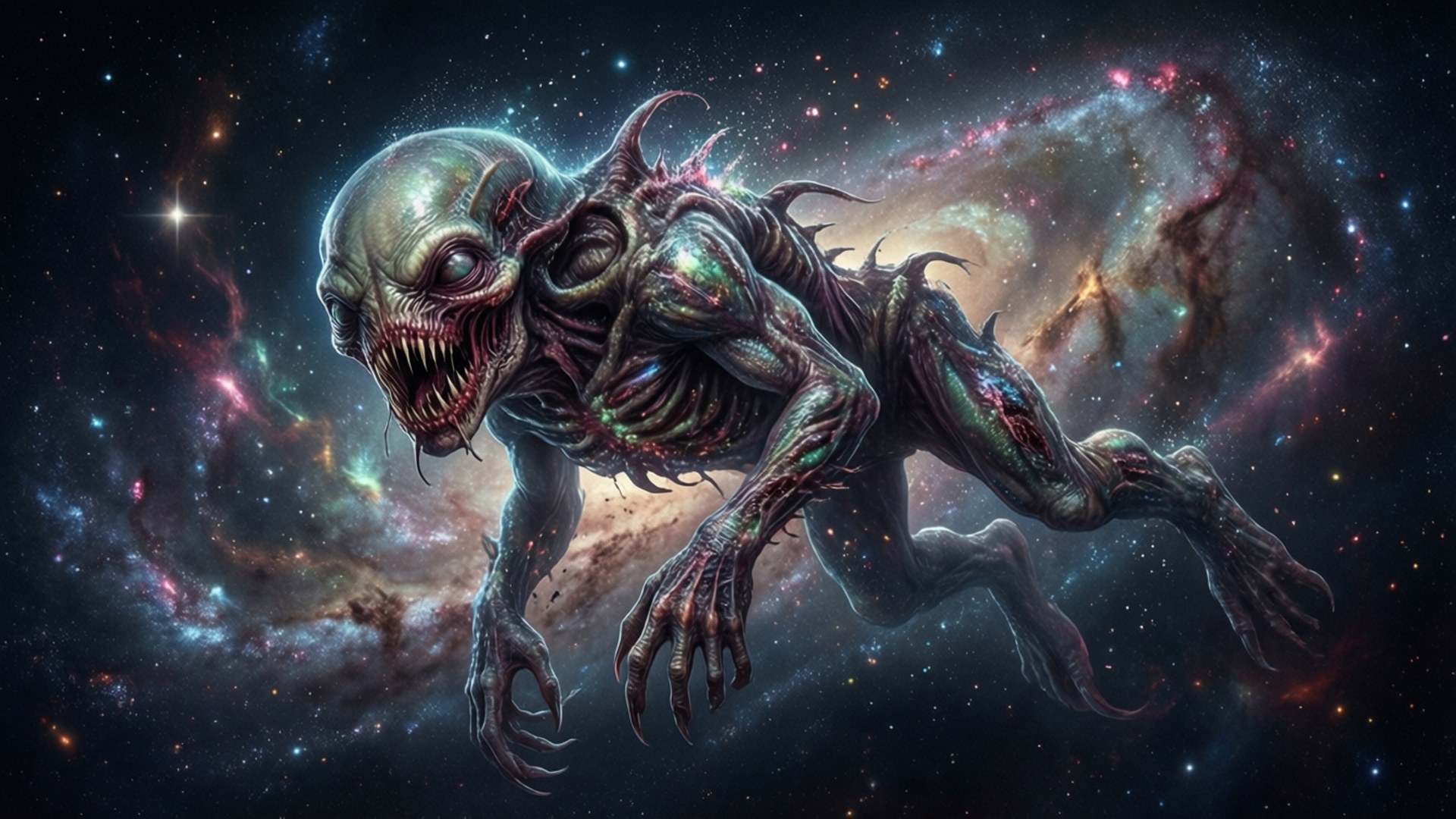 恐怖外星生物在多彩星空中攻擊