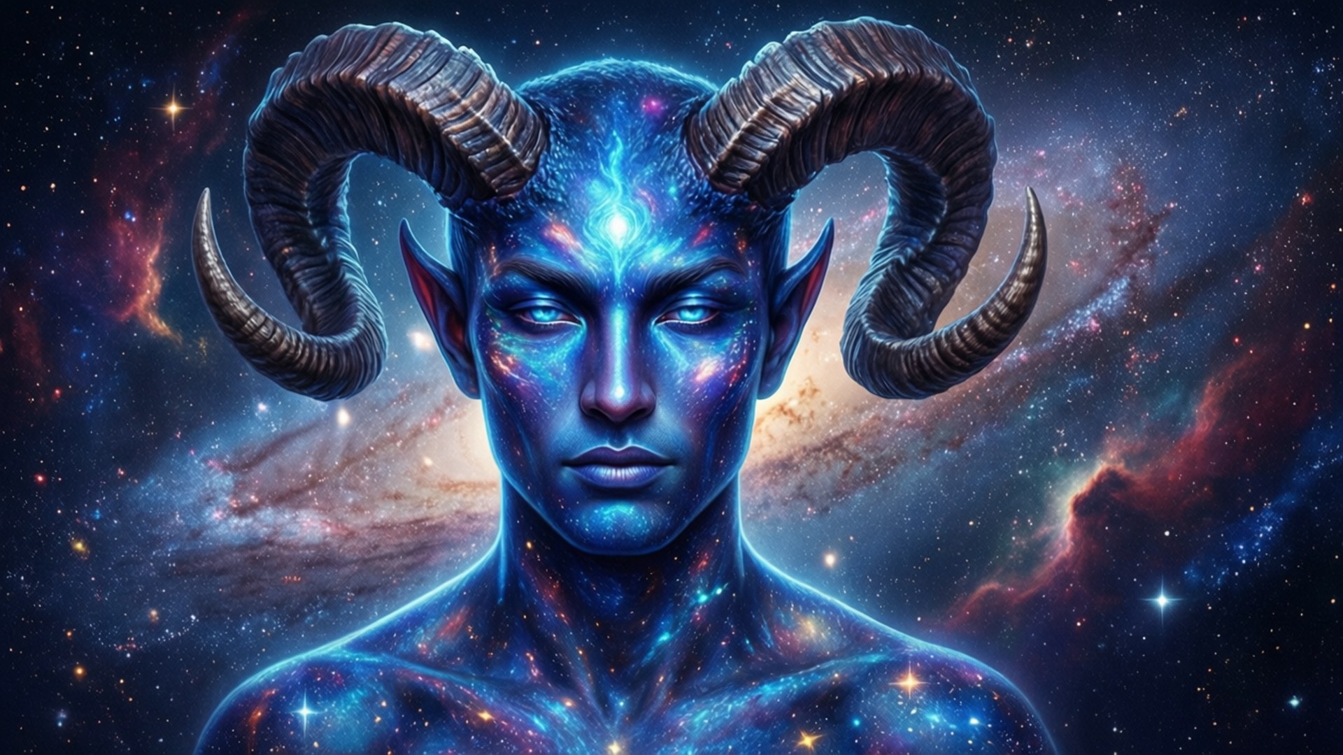 宇宙惡魔角 壁紙 — 一個帶有公羊角和發光藍色皮膚的宇宙實體從充滿星星和旋轉星系的生動星雲中出現。