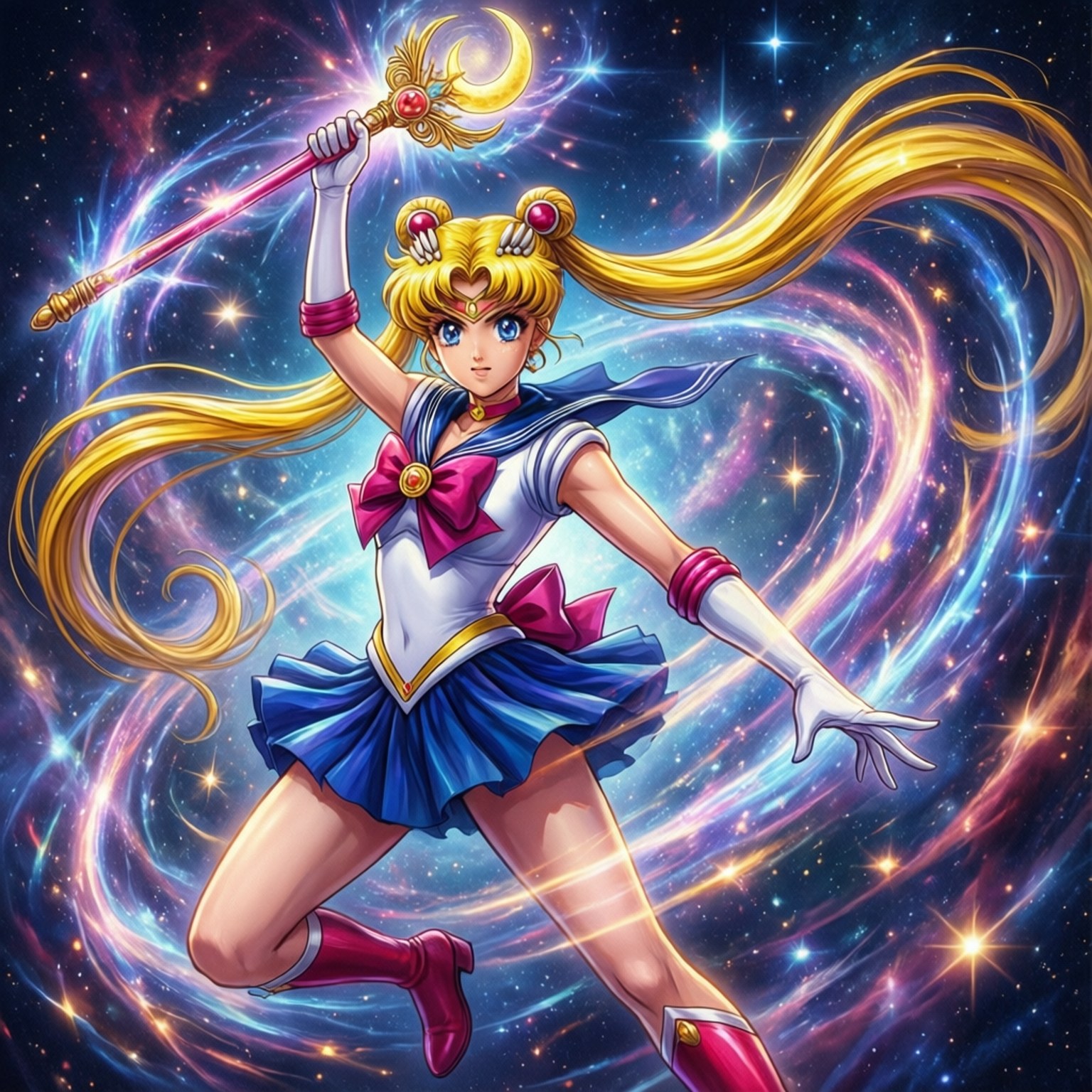 美少女戰士穿著標誌性服裝，揮舞著月亮法杖，對抗旋轉的星空星系。