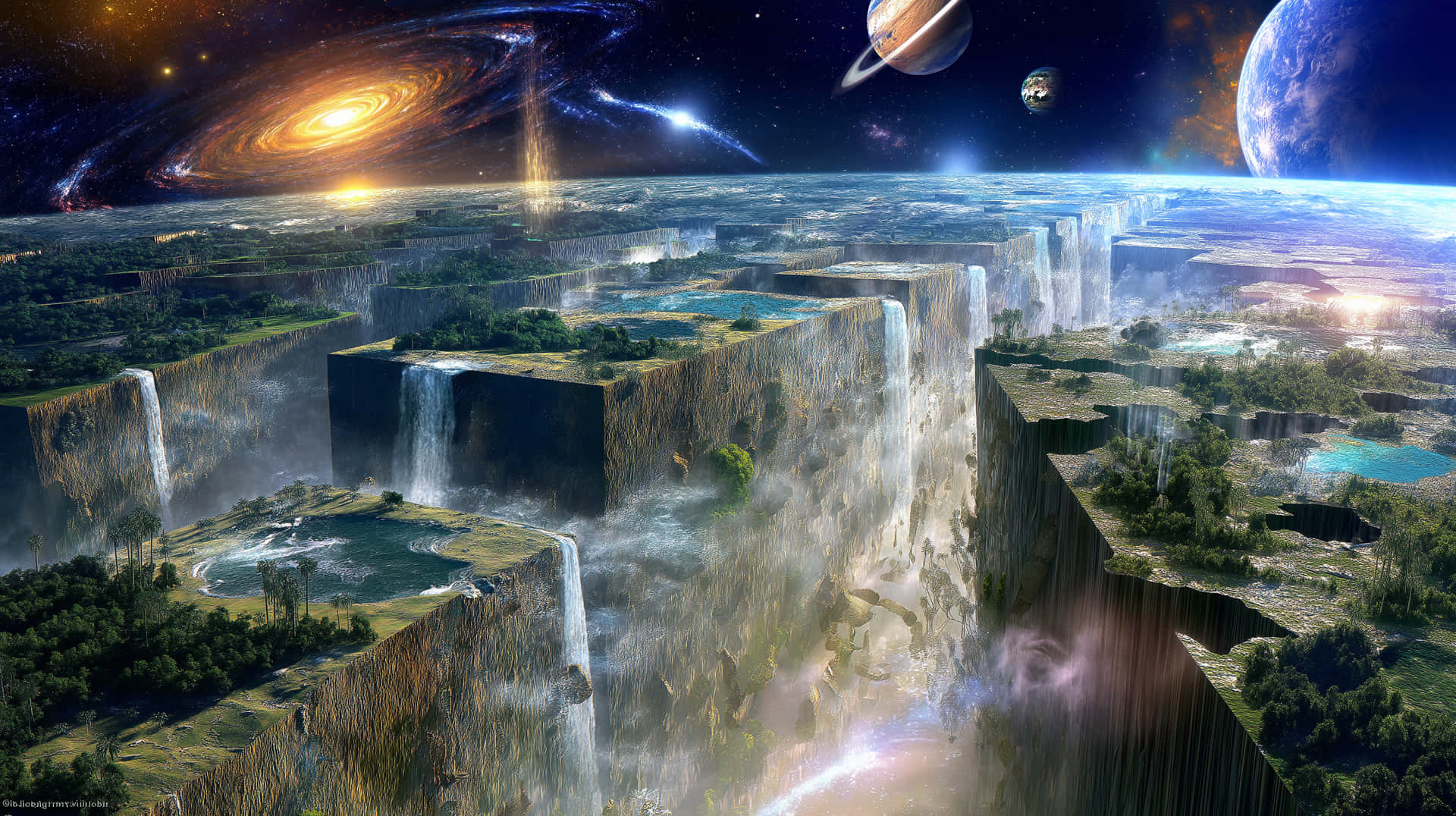浮島瀑布在宇宙天空下，有星系和行星