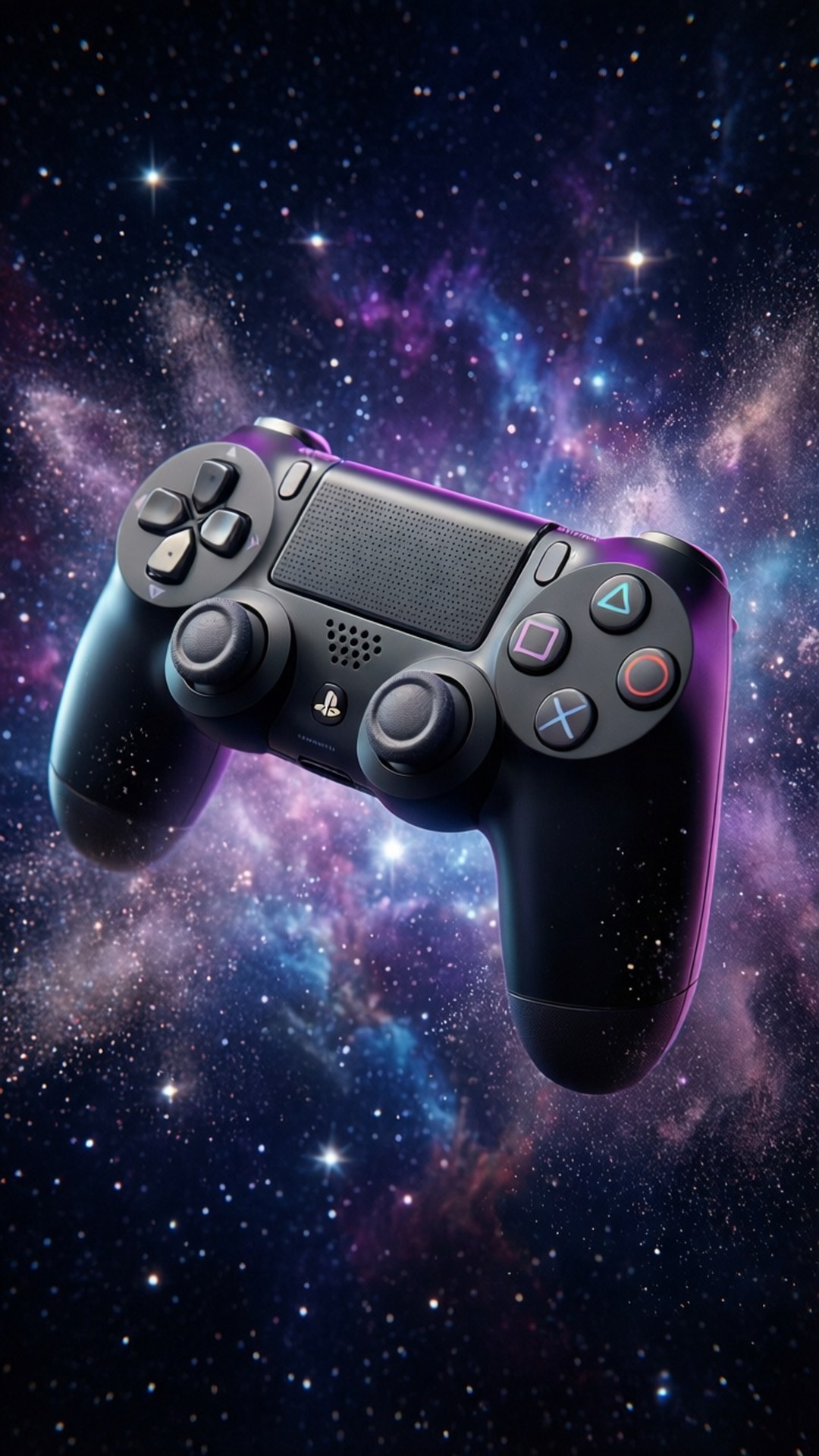 黑色PlayStation手掣漂浮在色彩繽紛的星空星雲中