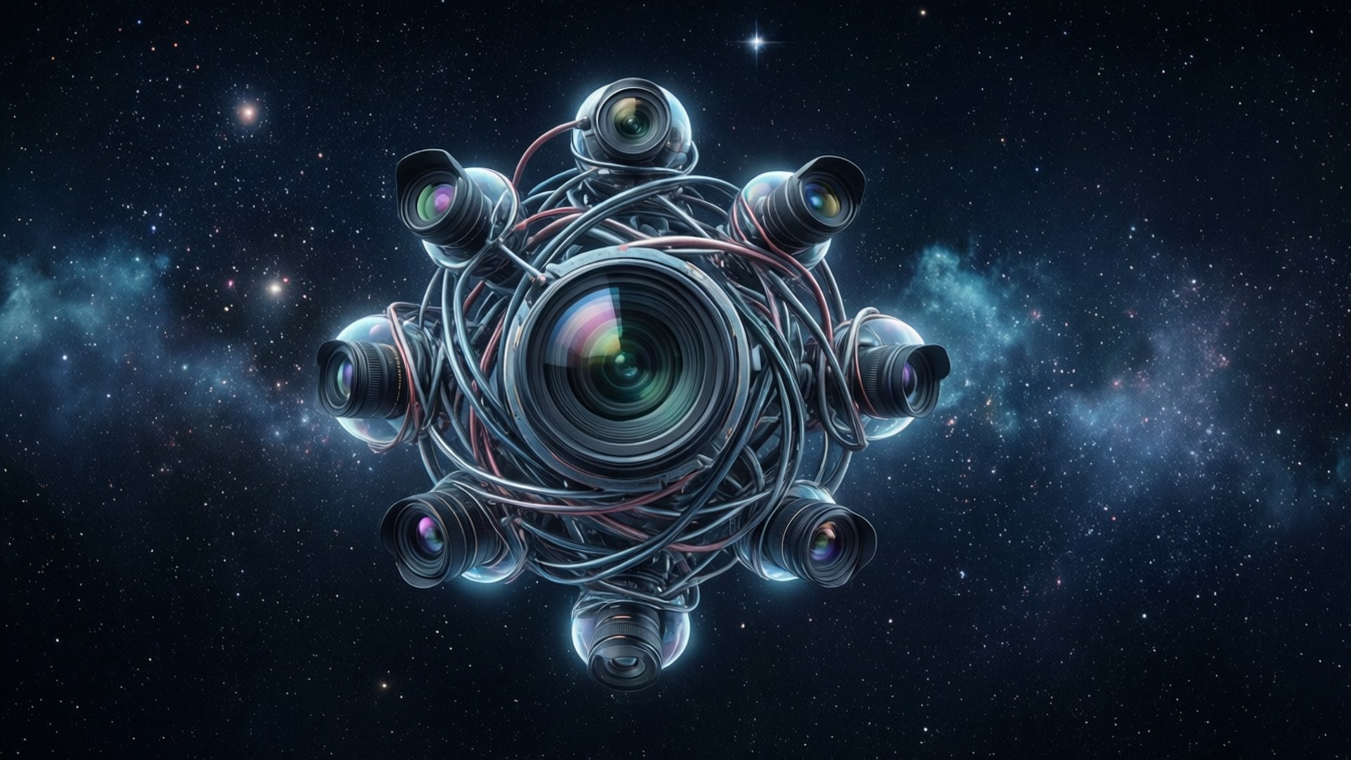 宇宙攝影機陣列 壁紙 — 一個未來風格的相機鏡頭群漂浮在星光閃爍的宇宙星雲中，帶有發光的藍色和紫色色調。