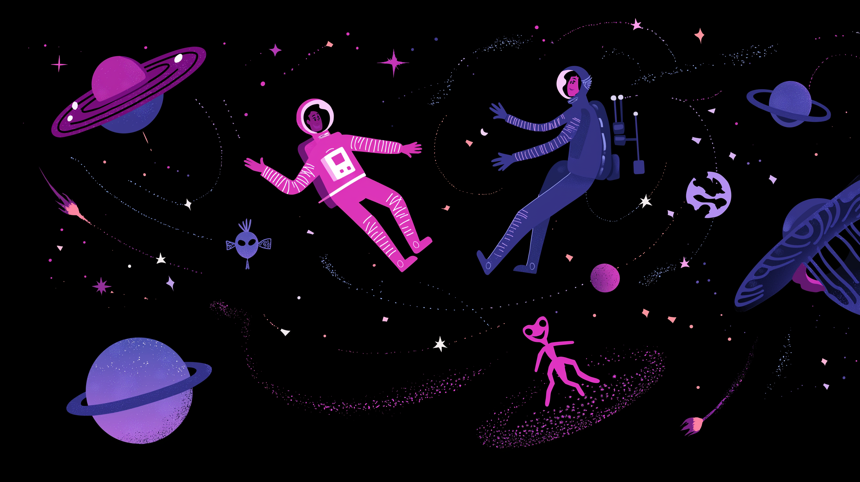 宇宙旅程剪影 壁紙 — 兩名穿著鮮豔粉紅色和藍色太空衣的太空人在一個風格化的宇宙場景中漂浮在發光的行星和星星之間。