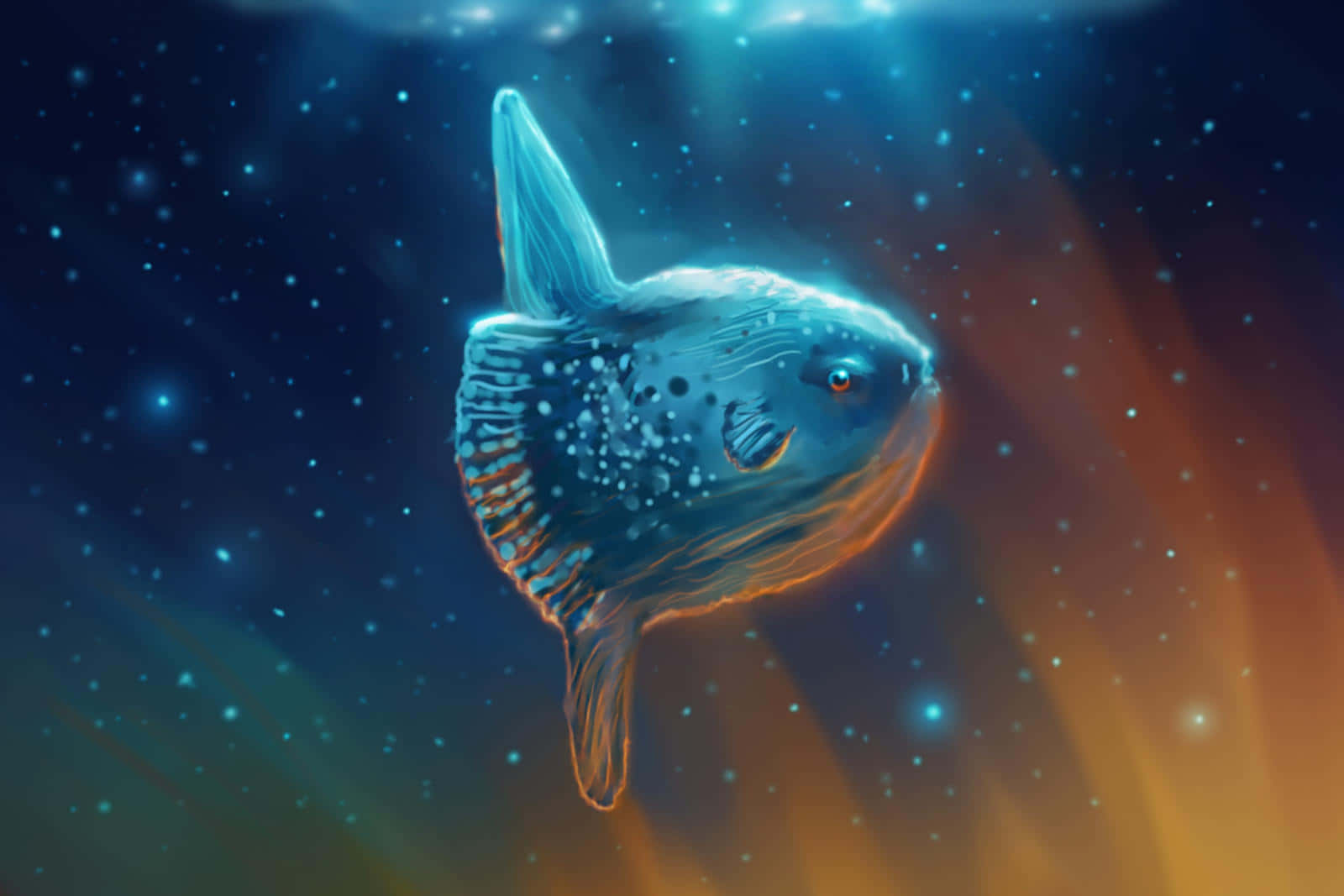 宇宙日魚藝術畫 壁紙 — 一條發光的藍色翻車魚在星光閃爍的水下場景中游動，伴隨著耀眼的橙色和藍色光束。