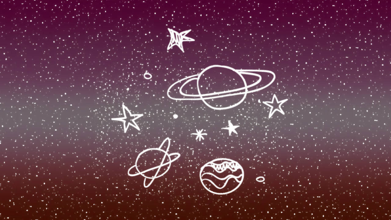 紫色漸變太空場景，白色輪廓行星和星星。