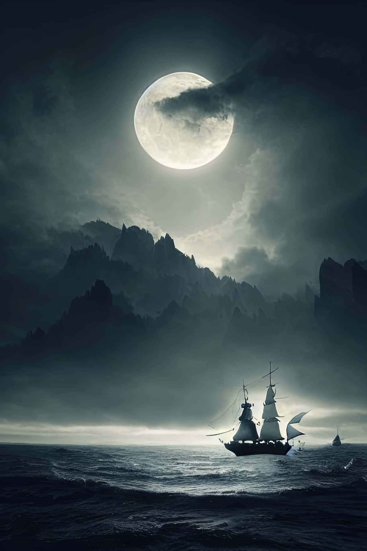 宇宙星空的壯麗之美 壁紙 — 一艘孤獨的帆船在波濤洶湧的海面上航行，頭頂是巨大的月光照耀的天空，遠處鋸齒狀的山巒若隱若現。