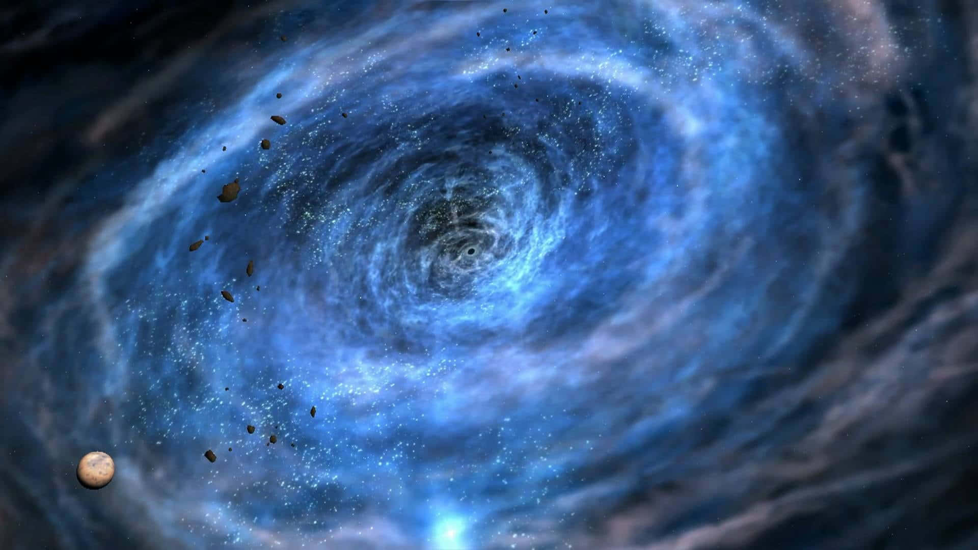 太空中帶有小行星和一顆行星的藍色宇宙漩渦。