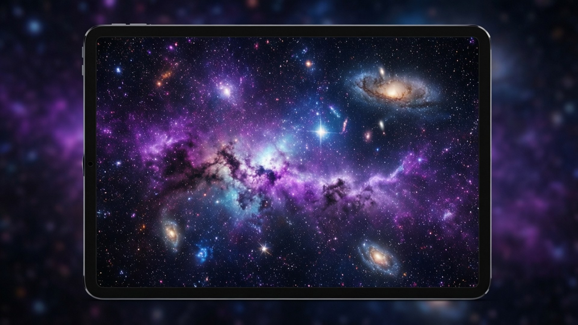 宇宙星雲 壁紙 — 平板電腦顯示一個充滿活力的宇宙場景，有旋轉的紫色星雲、發光的星星和螺旋星系，背景是黑暗的星空。