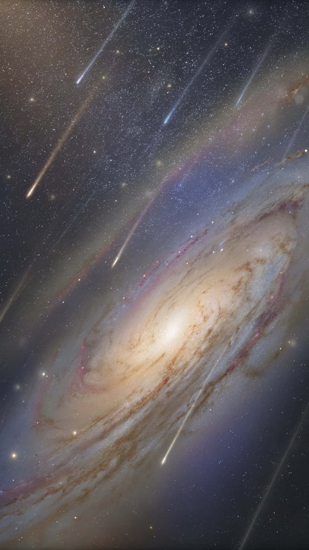宇宙星雲 壁紙 — 一個螺旋星系，其旋轉的恆星和塵埃臂被明亮的核心照亮，多顆流星在黑暗的宇宙背景下劃過。