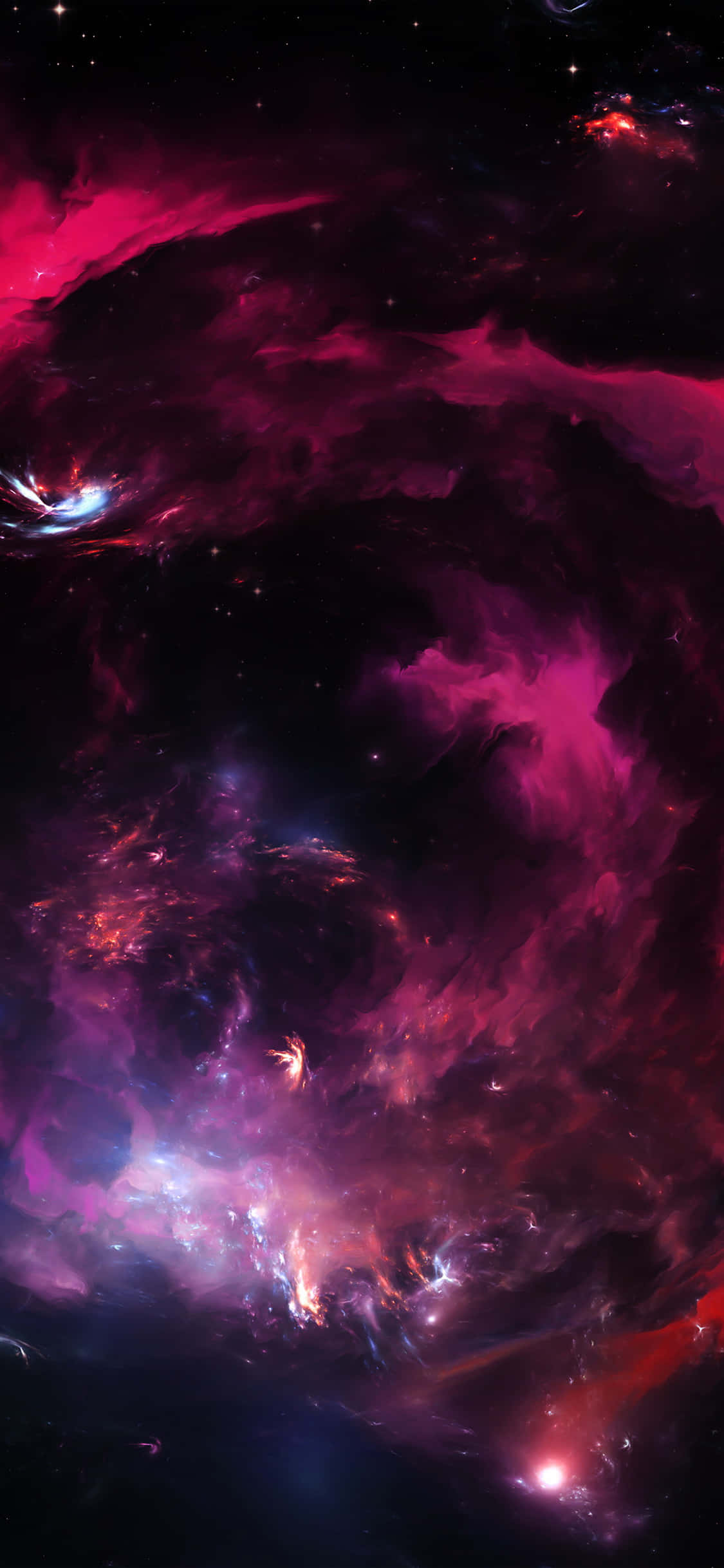 深色iPhone壁紙 桌布 壁紙 — 宇宙星雲在佈滿星辰的黑色虛空中，以深洋紅色和紫羅蘭色調旋轉。