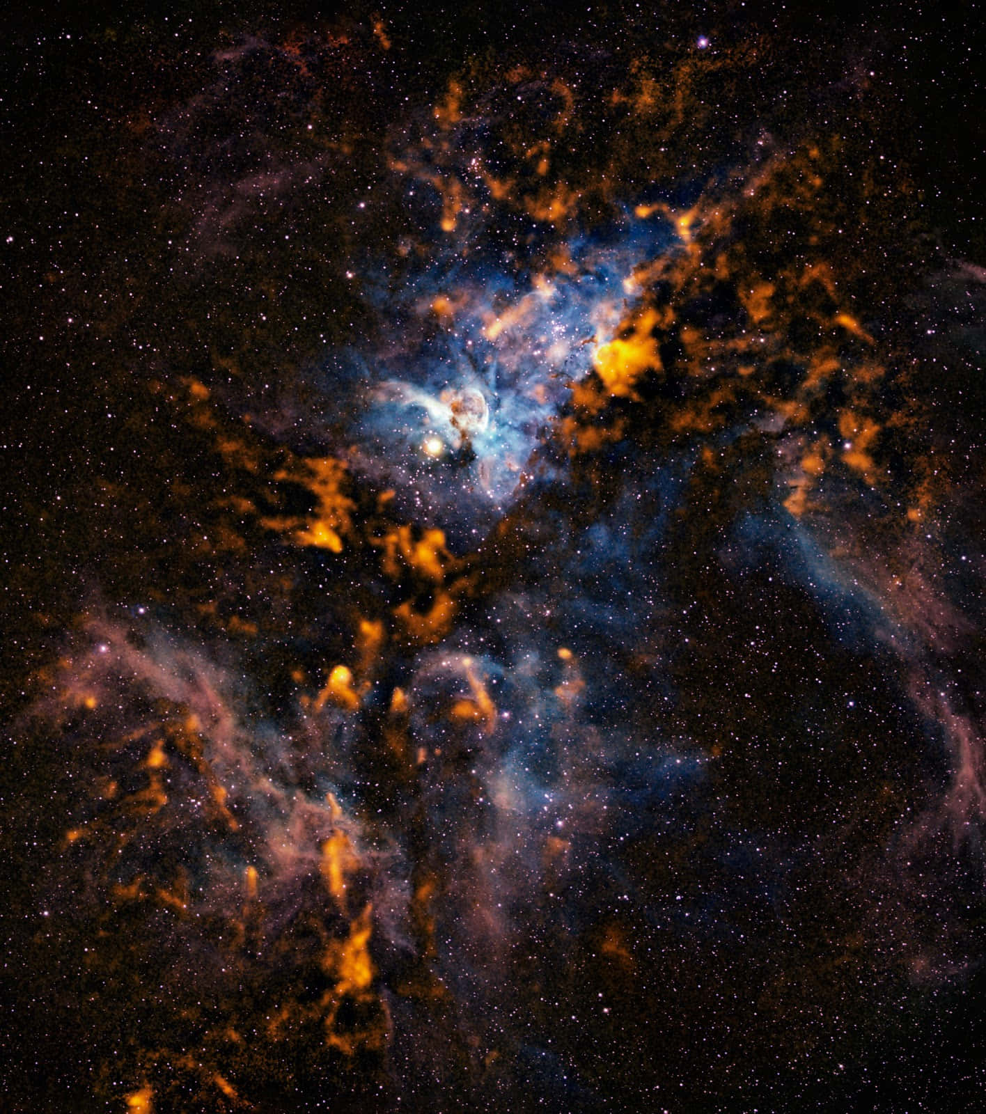 Carina Nebula 桌布 壁紙 — 宇宙星雲在星空背景下旋轉著充滿活力的橙色和藍色氣體雲。