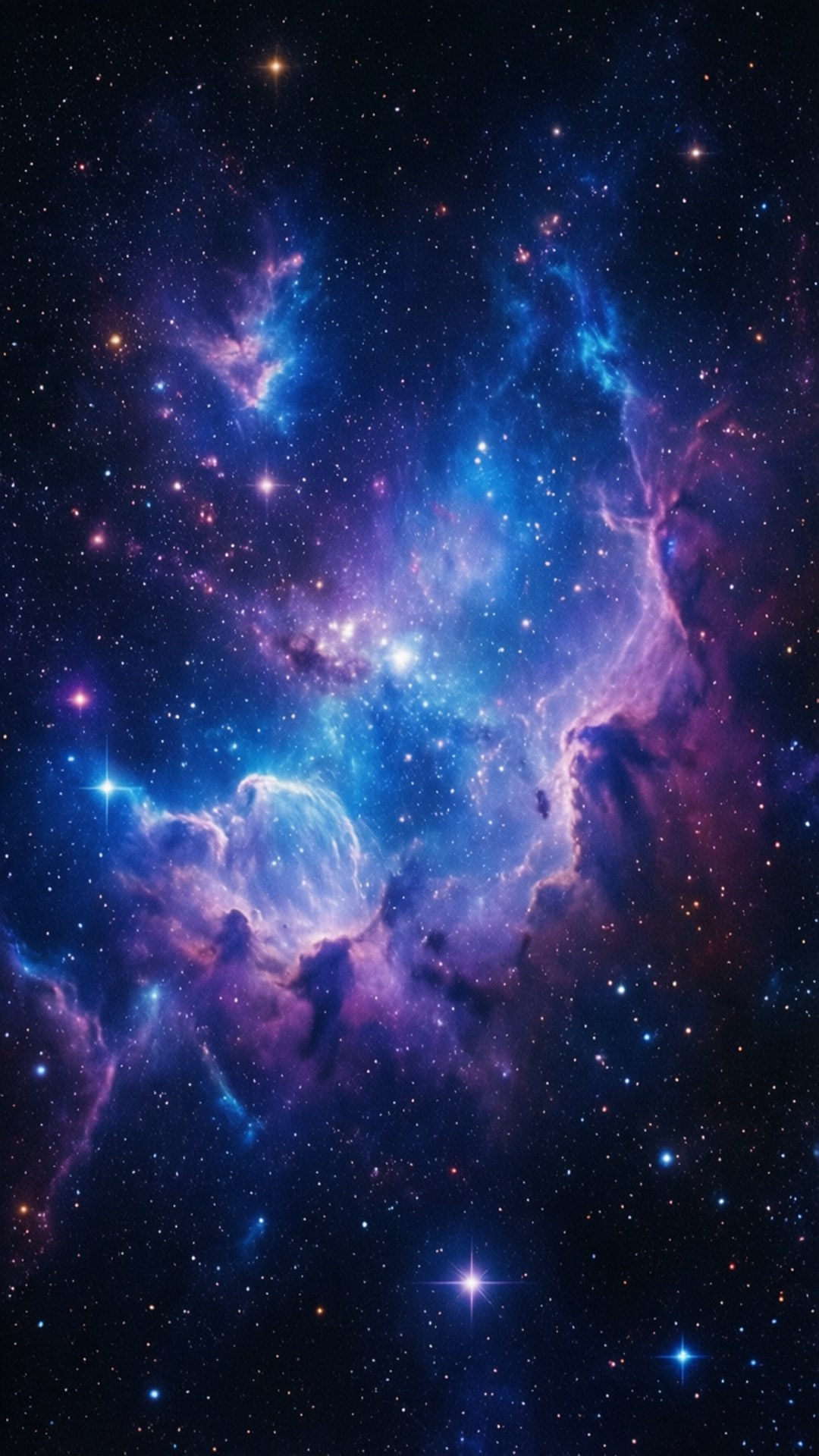 充滿活力的宇宙星雲，帶有發光的藍色和紫色雲層以及閃爍的星星。