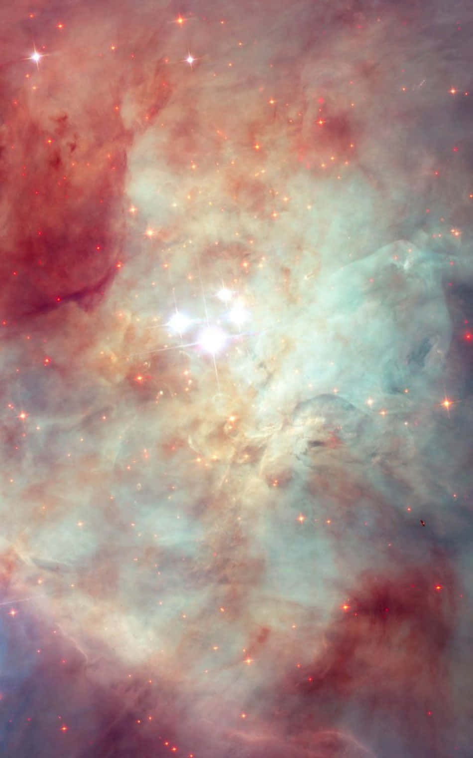 星雲 桌布 壁紙 — 宇宙星雲旋轉，散發著發光的紅色和藍綠色氣體雲，由明亮的星星照亮。