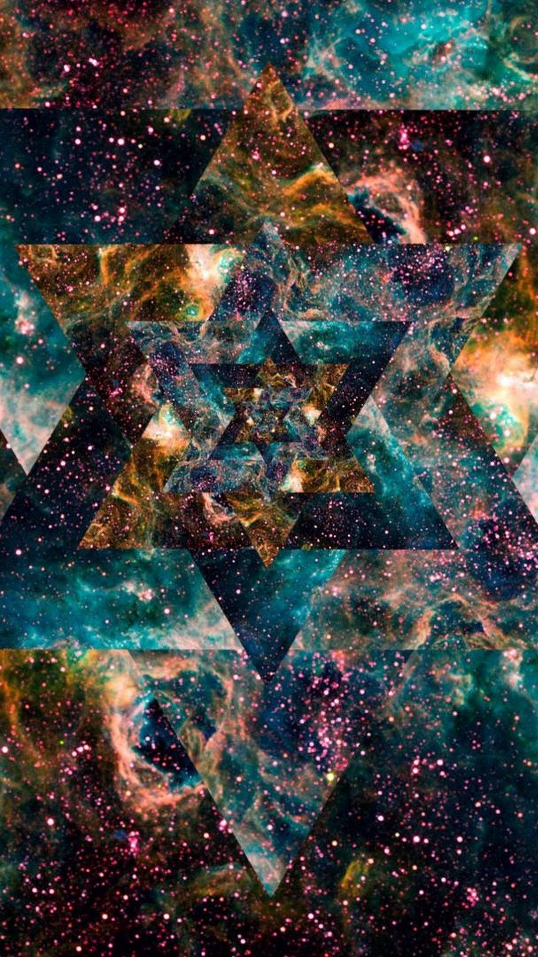 星星 桌布 壁紙 — 宇宙星雲穿過發光的星形四面體旋轉，創造出神秘的天體圖案。