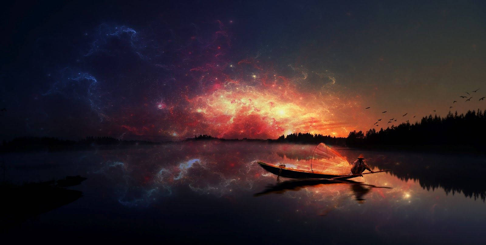 漁夫在宇宙天空下的湖上撒網