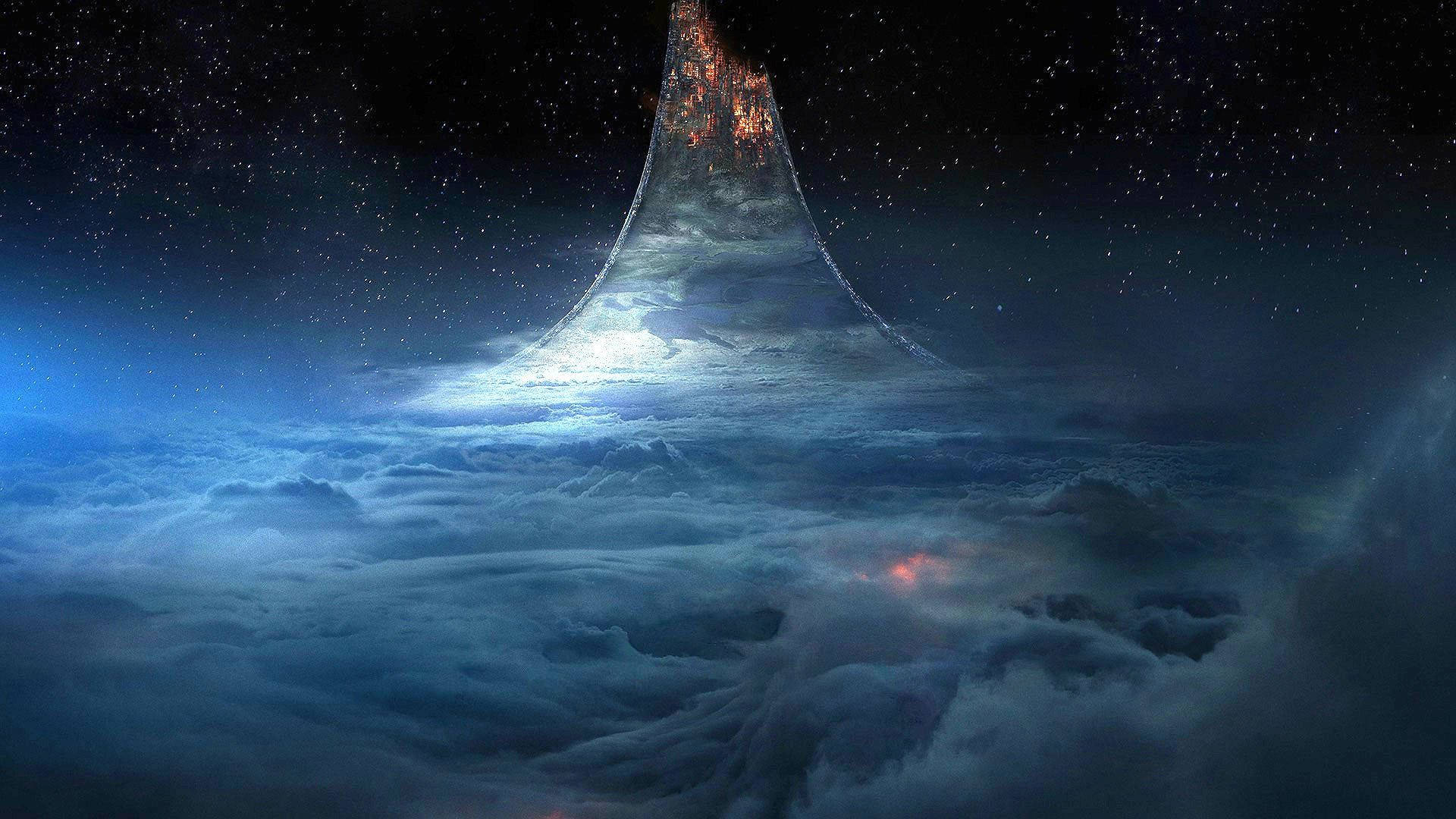 在繁星點點的夜空下，一座發光的山峰穿過雲層升起。