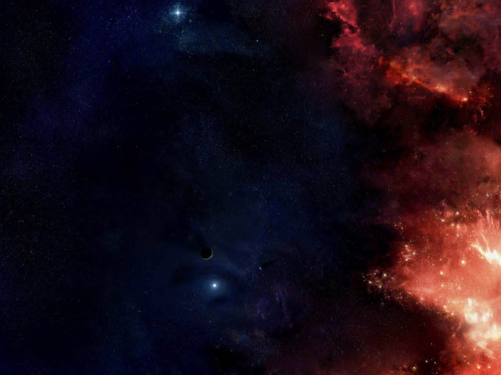 Red Space 桌布 壁紙 — 宇宙景觀，展示鮮豔的紅色星雲，與深藍色星場和遙遠天體形成對比。