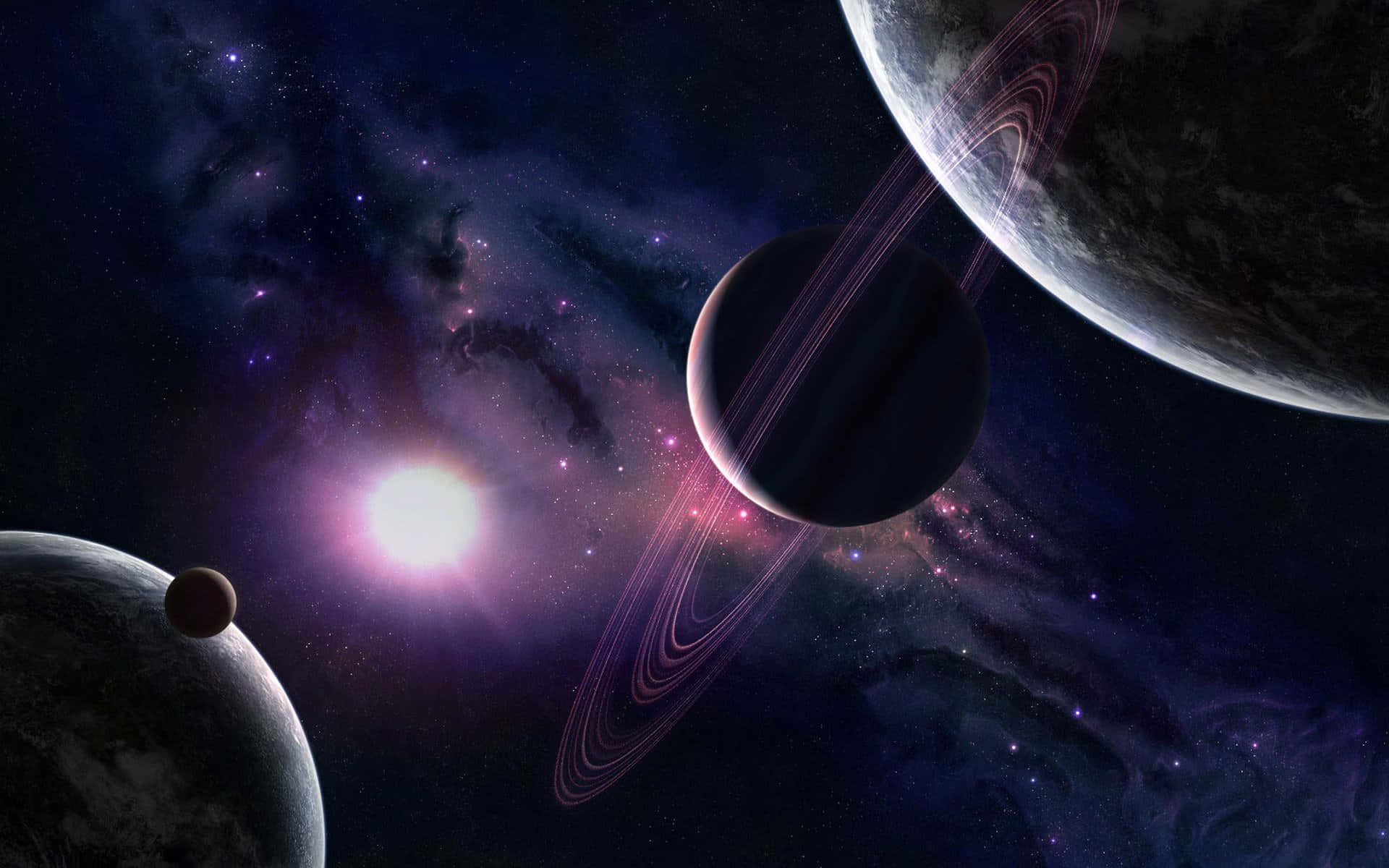 Cool Space 桌布 壁紙 — 宇宙景觀中，一顆發光的恆星照亮了帶環行星和深空中的星雲。