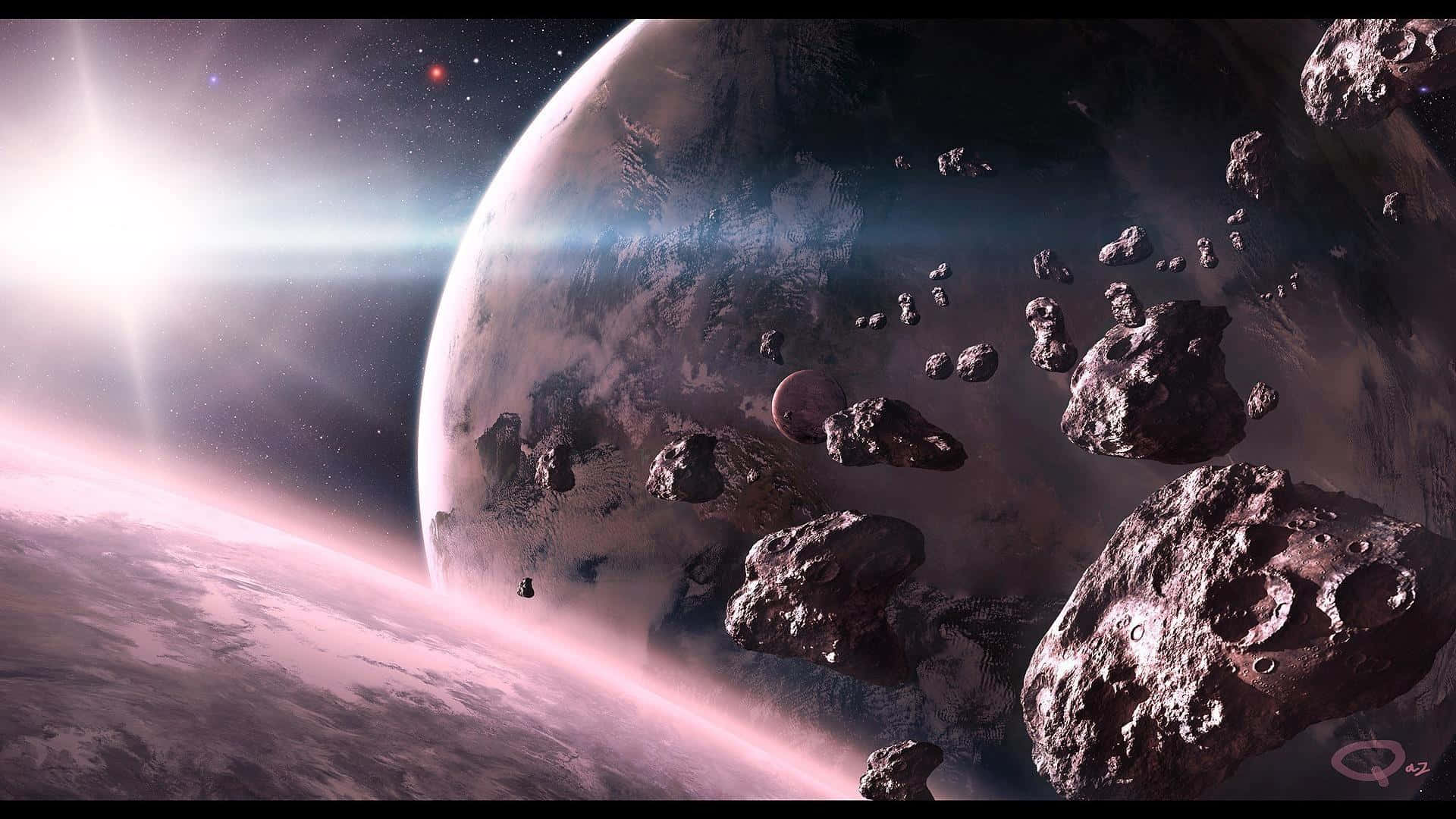 Asteroid 桌布 壁紙 — 宇宙景觀顯示一顆擁有旋轉雲層和發光地平線的行星，小行星在星光閃爍的虛空中飄過。