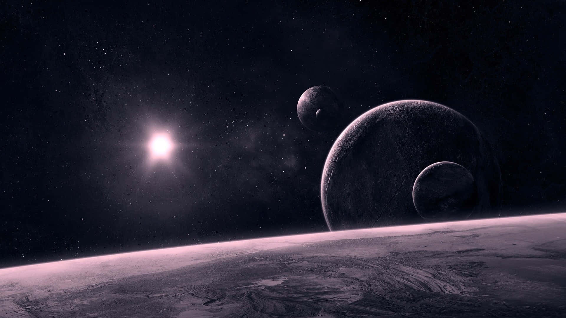 Celestial Bodies 桌布 壁紙 — 宇宙景觀顯示一顆明亮的恆星照亮了行星彎曲的地平線，兩顆衛星在附近的星空虛空中運行。