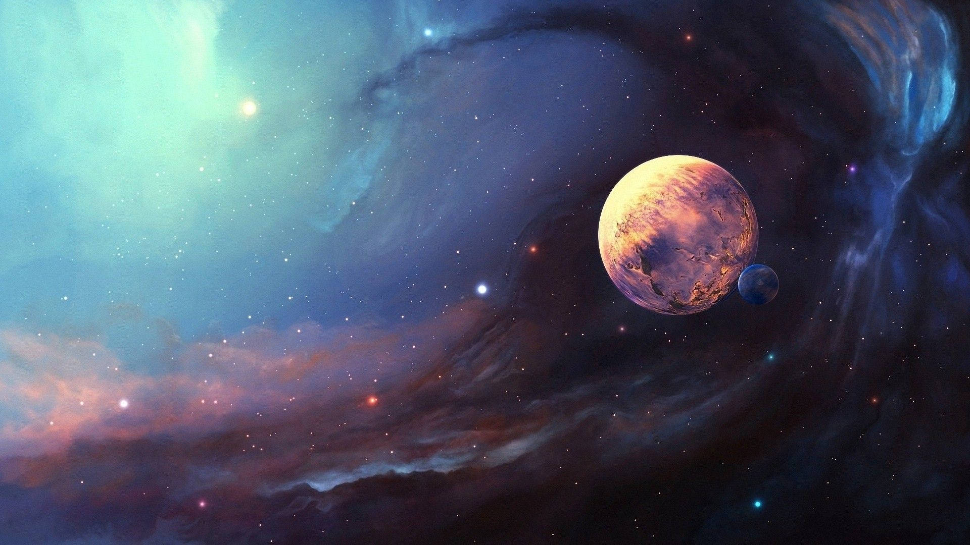 一顆發光的行星，被色彩繽紛的宇宙雲和遙遠的星星包圍。