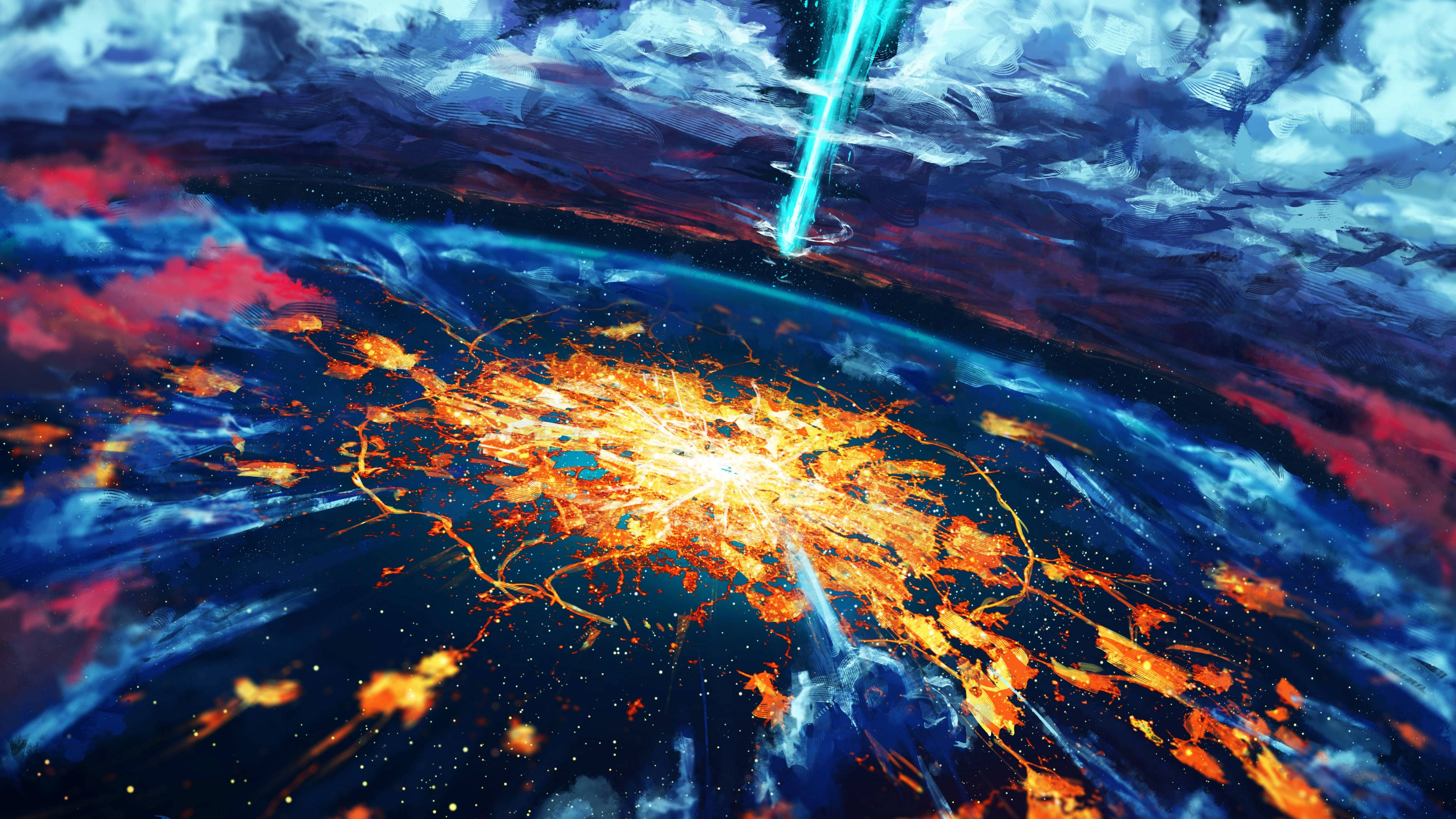 宇宙末日爆炸 壁紙 — 橙色和藍色能量的宇宙爆炸在黑暗的星空、旋轉的雲層和發光的條紋中爆發。