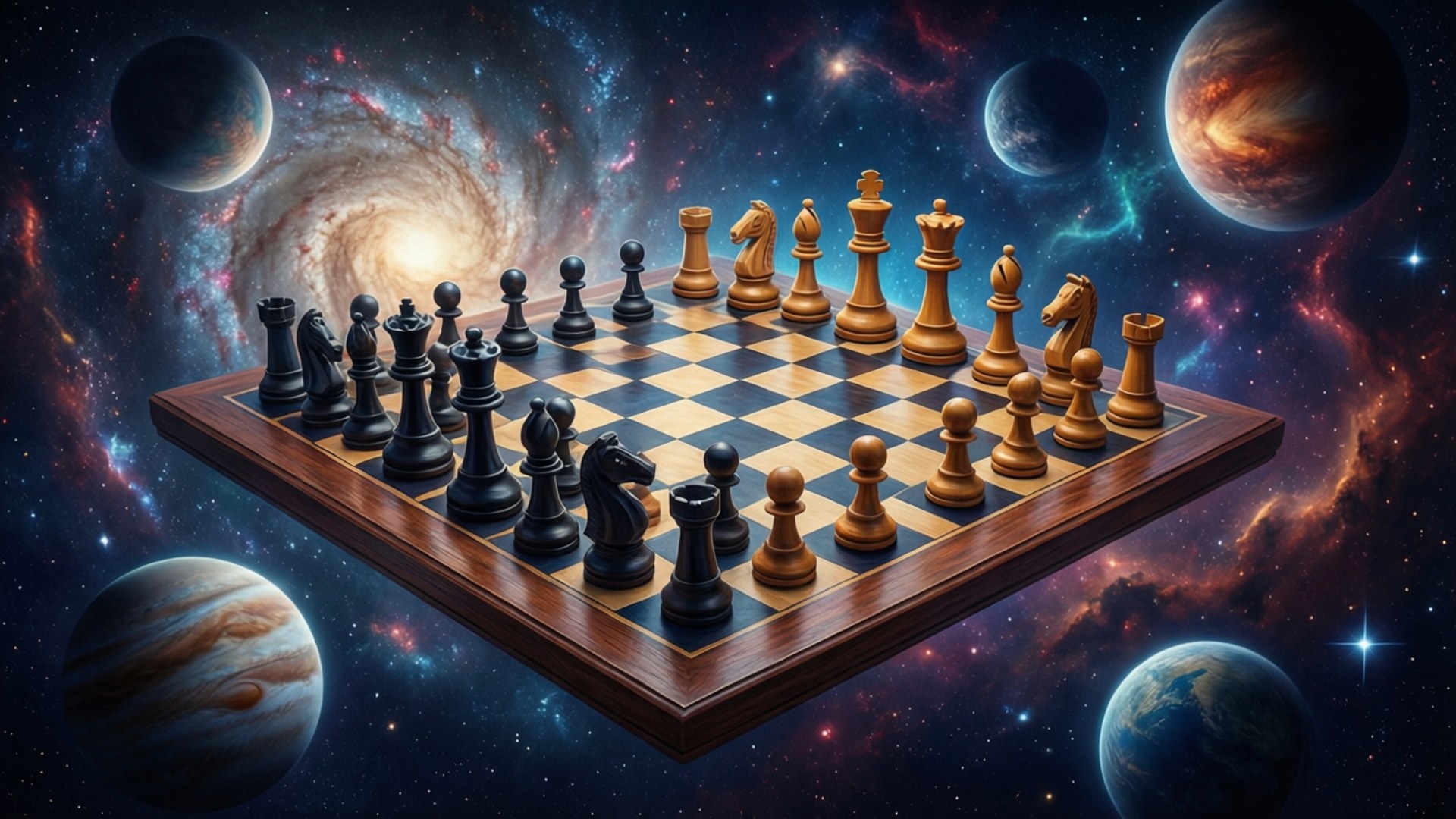 宇宙棋局 壁紙 — 一個木製棋盤，黑白棋子漂浮在充滿活力的宇宙場景中，周圍環繞著行星和發光的星系。