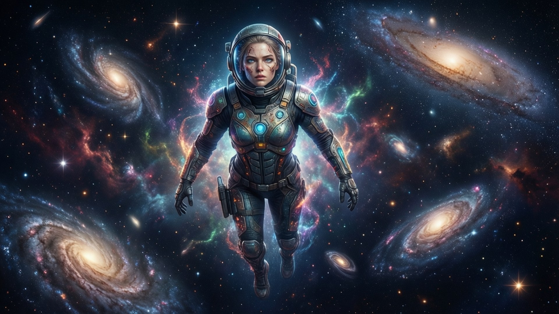 女太空人在太空中漂浮，周圍是星系和色彩繽紛的星雲