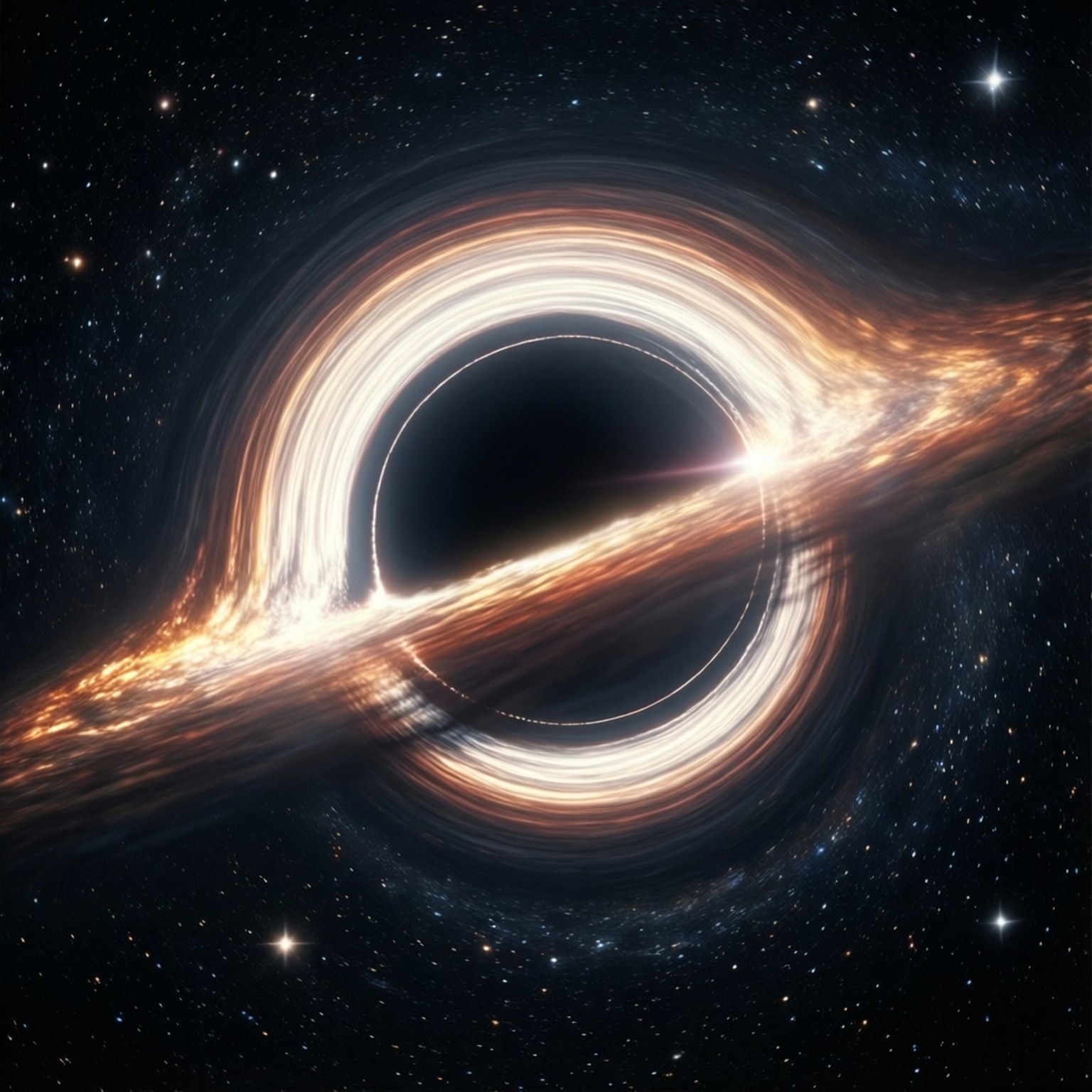 一個帶有發光吸積盤的黑洞，周圍環繞著星星。