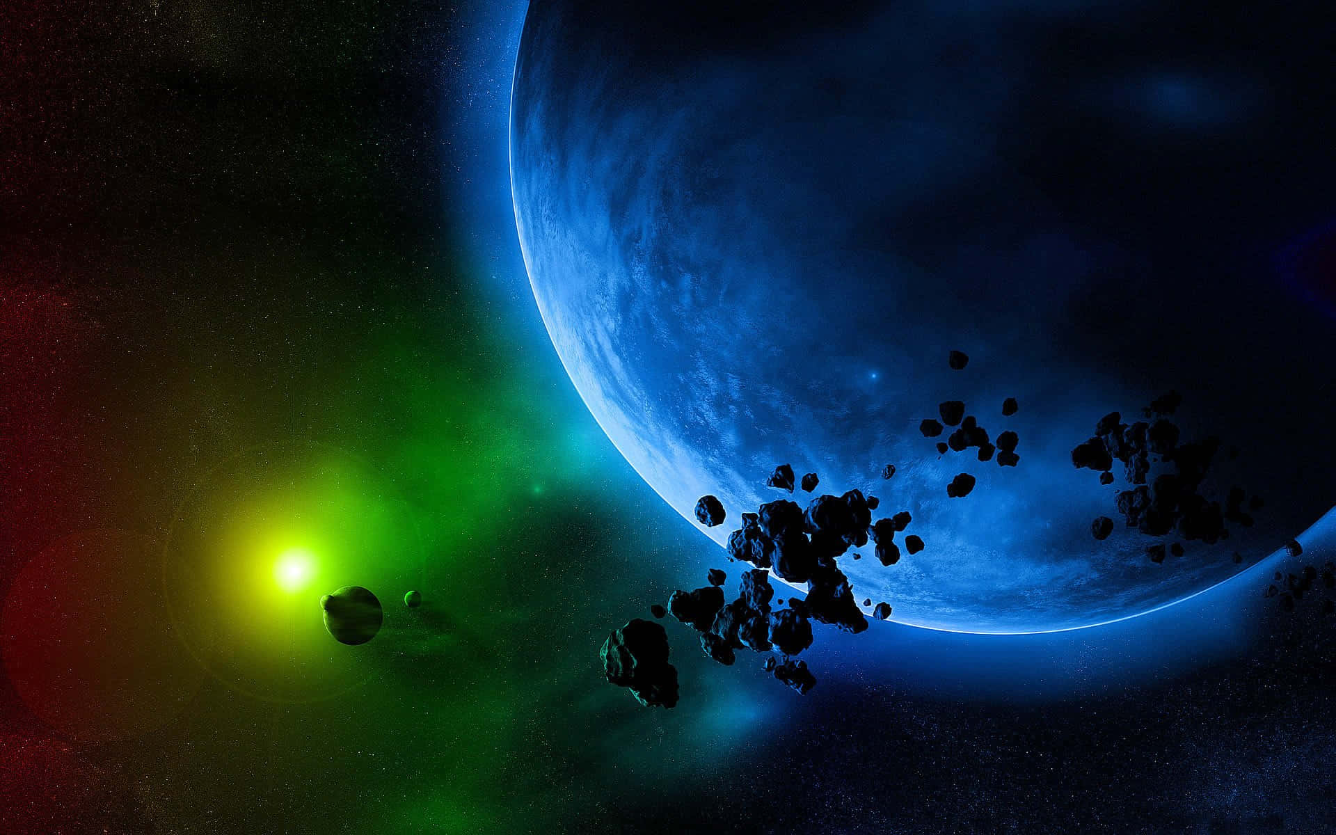 宇宙深處的色彩旋渦 壁紙 — 一個充滿活力的宇宙場景，一顆發光的綠色恆星照亮了一顆藍色行星和漂浮的小行星，背景是繁星點點的虛空。