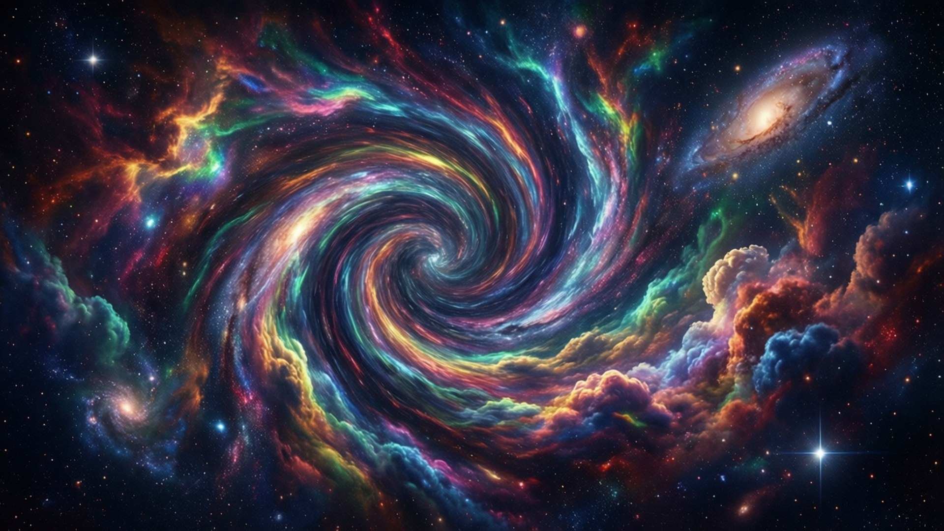 充滿活力的宇宙星雲，在深空中呈現旋轉色彩和遙遠星系。